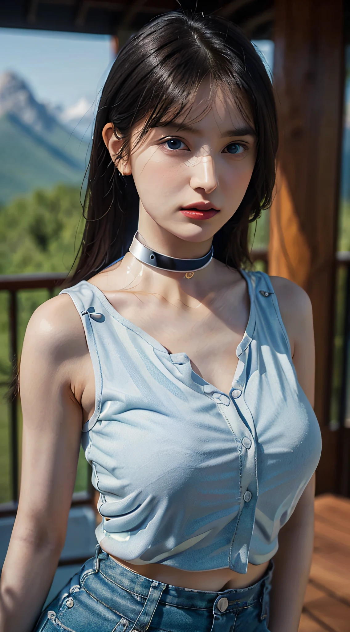 ((Lighting like fashion, Realistic lighting, Best Quality, 8K, masutepiece: 1.3)), ((Clear focus:1.8)), BREAK (One kawaii girl, One Women, Duo, Very Beautiful Women in their late 10s, Change face type randomly & Women's hair:1.4), BREAK (Perfect beauty, ((Very Porcelain Skin, Very Fair Skin, Fine and Beautiful Skin:1.7)), Super Smart, Faces with random and very beautiful details, Fine face, Symmetrical beautiful face, symmetrical beautiful eyes, Fine Eyes Detail, Large eyes, Hyper Detail Eyes, Both eyes are synchronized, Focused Gaze, on focus, Look at us, Thin Lips, Crimson Red Color Lipstick:1.4), BREAK ((8 Head-toll, sloped shoulder, narrow shoulders, thin upper chest, Thin under the chest, thin waist:1.3), (Very large breasts, soft and well-shaped breasts:1.4)), (Random Color Long Straight hair with Bangs), (Exquisite beautiful facial features) BREAK (Blue, Sleeveless, Collarless, Button-down Shirts that go all the way up to the Neck:1.5), BREAK (Black Choker:1.5), slim figure, BREAK (Random emotions, Random poses conscious of body lines synchronized with emotions, randam angle, Random Location, Random position:1.5), (The veranda of the mountain lodge:1.4), Double eyelids,