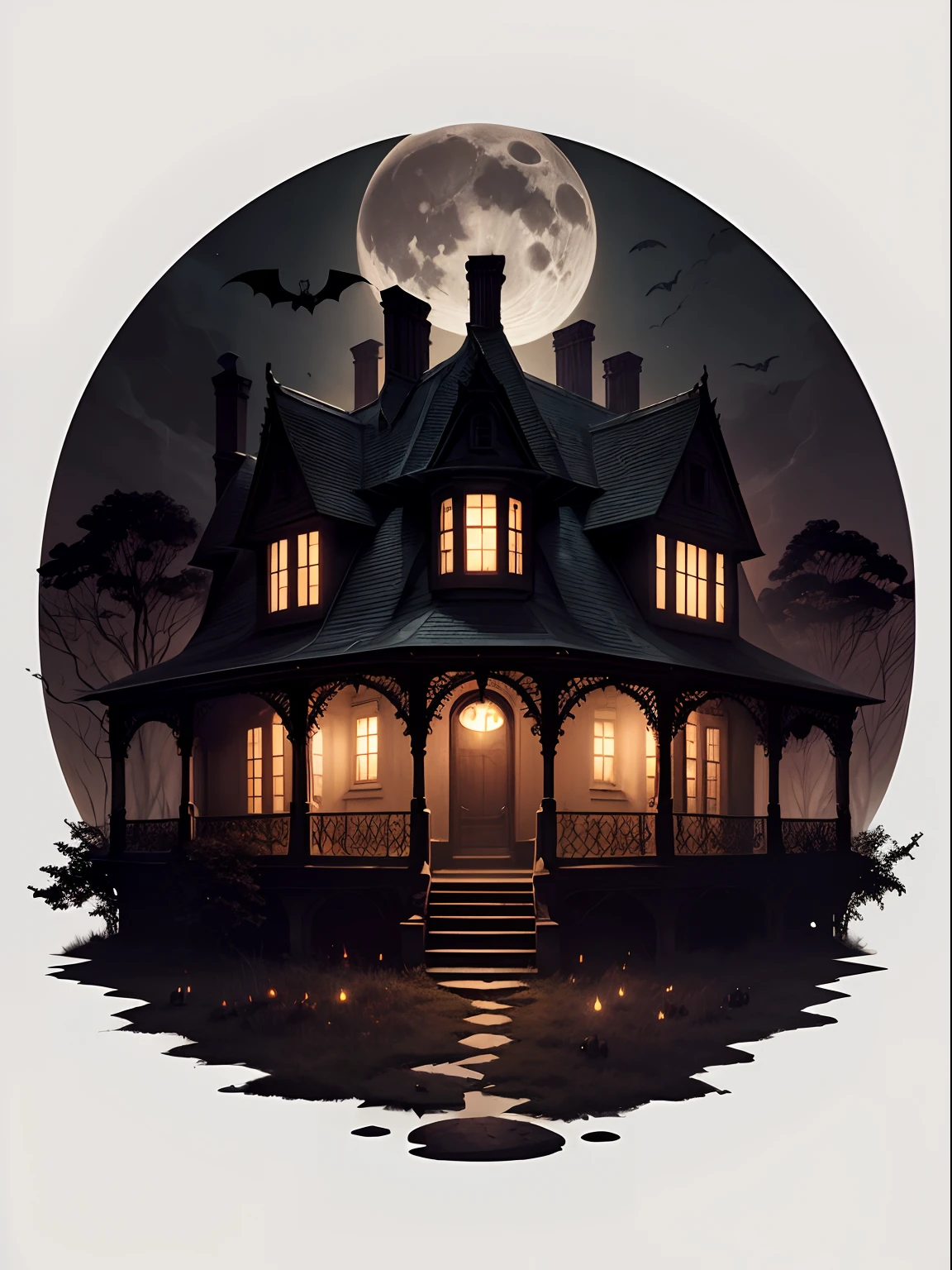Isolated upper view, Create an eerie, moonlit scene of an old, abandoned mansion on Halloween night. The house should be overgrown with ivy, and there should be a full moon casting long shadows. Include a few glowing jack-o'-lanterns on the porch and an owl perched on a nearby tree branch