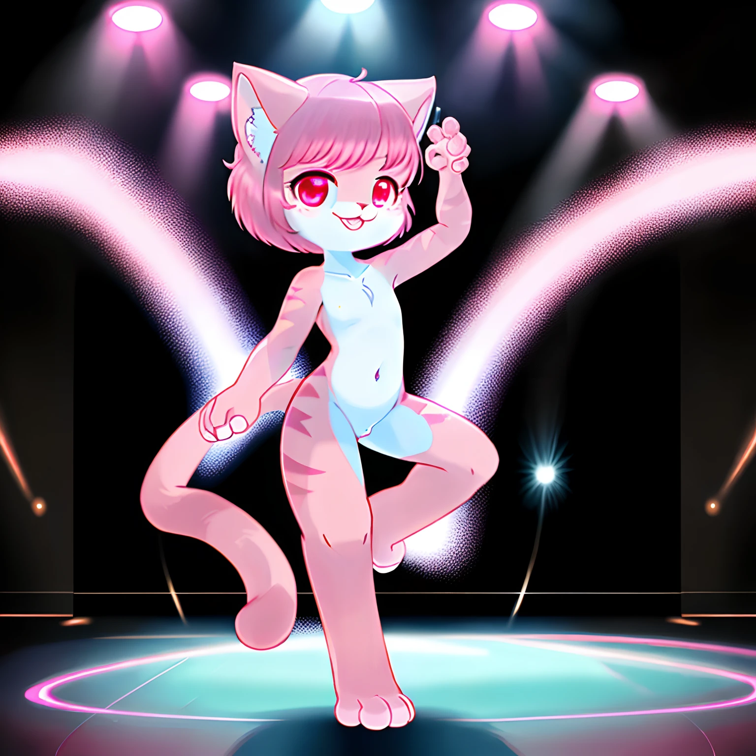 downy furry,,loli,PINK hr,short hair ,PINK CATt eye, pink downy furry skin,PINK CAT ears, pink furry hand,PINK CAT tail,a strip of furry cat tail,furry CAT legs,furry CAT foot,furry face, furry torso,furry navel,furry lips,furry cat mouth,good anatomy,good artist,good quality,good detail,naked,full body,Nightclub,Fluorescent lamp,Dance