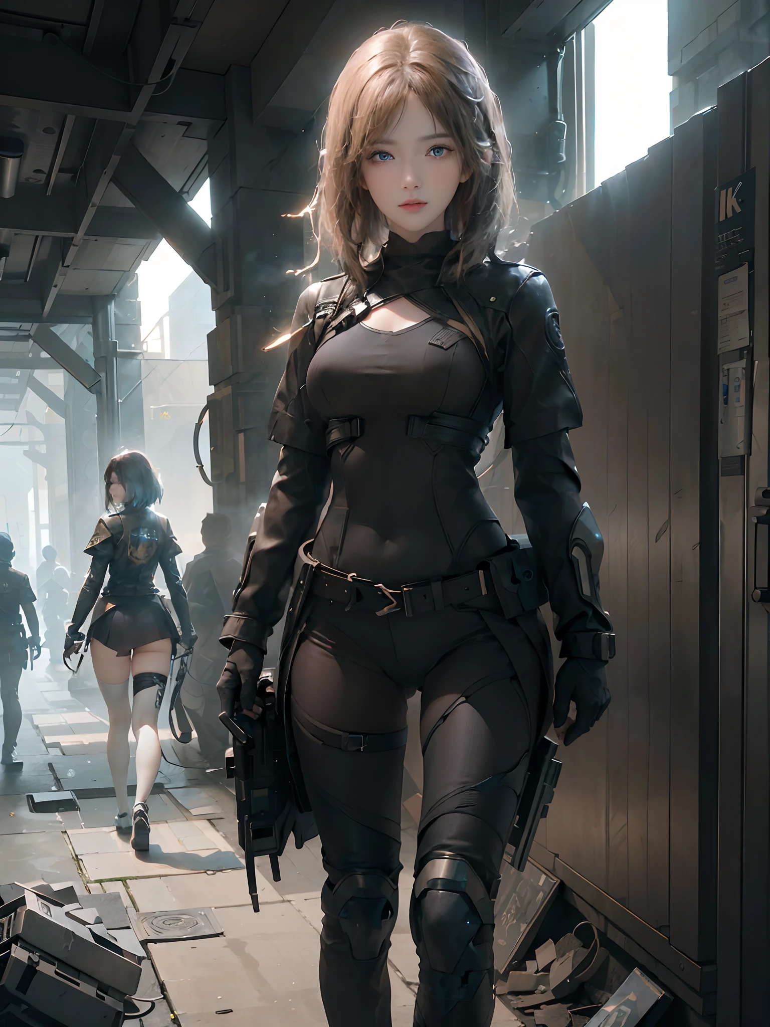 ((top-quality)), (((​masterpiece)), (detaileds: 1.4), 3D, Beautiful Cyberpunk Woman Image, bob cuts, Broken black tights, leather clothes, Electromechanical, nffsw(HighDynamicRange), Ray traching, NVIDIA RTX, Hyper-Resolution, Unreal 5, Sub-surface scattering, PBR Texture, Postprocess, Anisotropy Filtering, depth of fields, Maximum sharpness and acutance, Multilayer Texture, Albedo and Highlight Maps, Surface Coloring, Accurate simulation of light-material interactions, perfectly proportions、octane renderings、two tone lighting、Large aperture、Low ISO、White Balance、thirds rule、8K Raw、​masterpiece、top-quality、(8k extremely detailed CG unit wallpaper)(top-quality)、(The best illustrations)、(Best Shadows), blue eyes, long hair, big titt