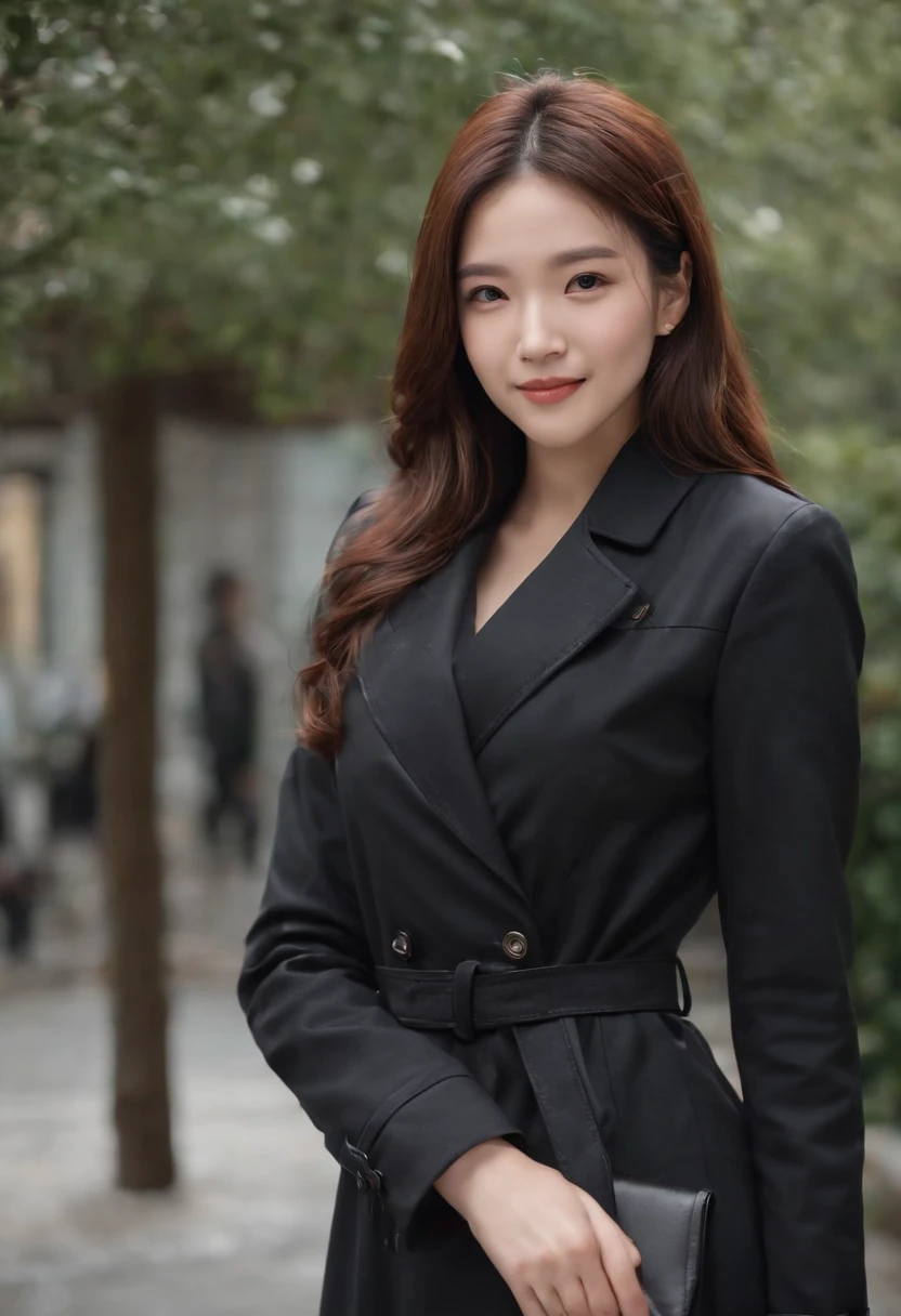 Black trench coat Blazer underneath Black leather gloves The upper part of the body Japan smiling girl
