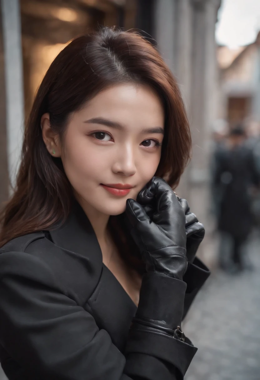 Black trench coat Blazer underneath Black leather gloves The upper part of the body Japan smiling girl