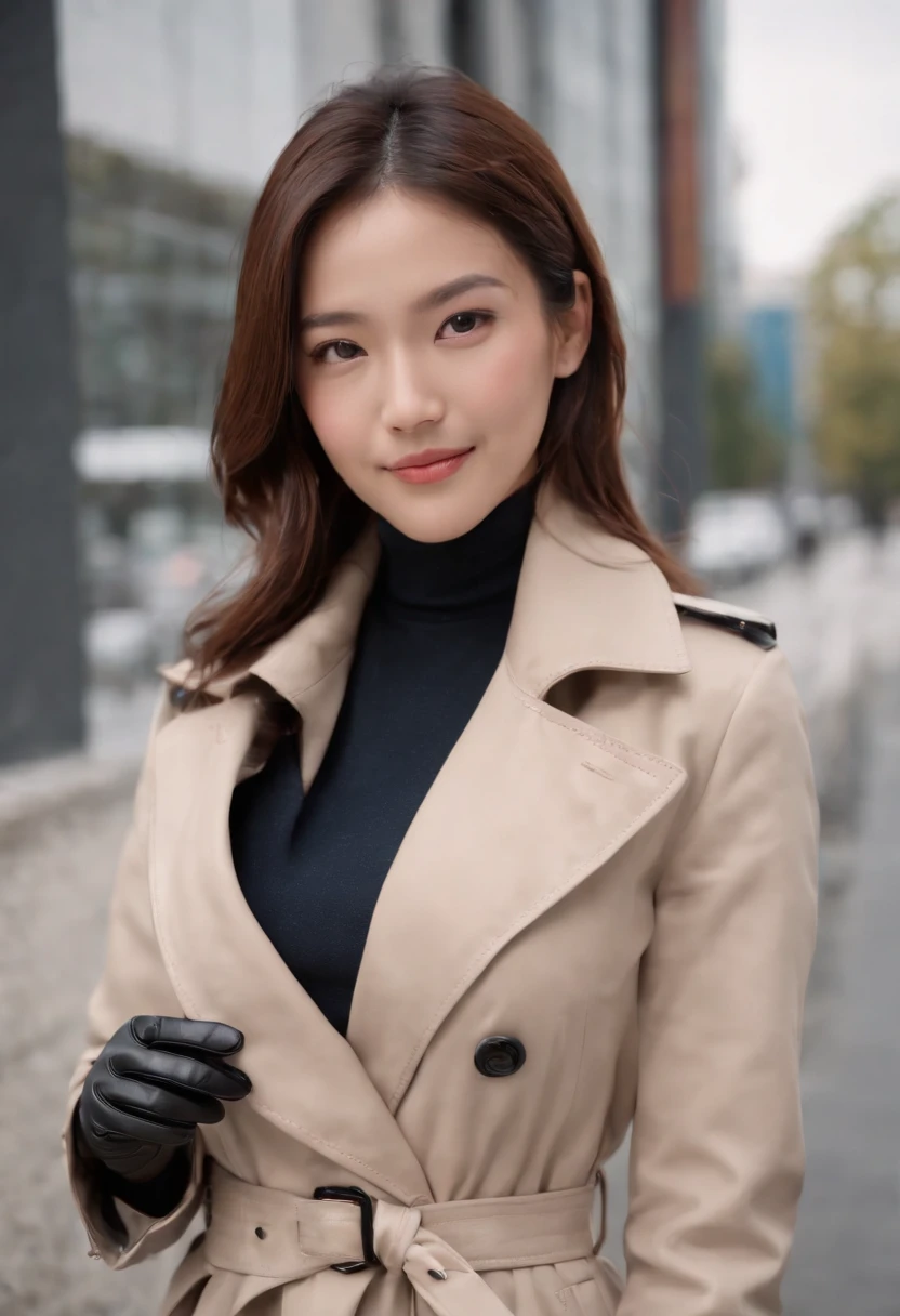 Black trench coat Blazer underneath Black leather gloves The upper part of the body Japan smiling girl