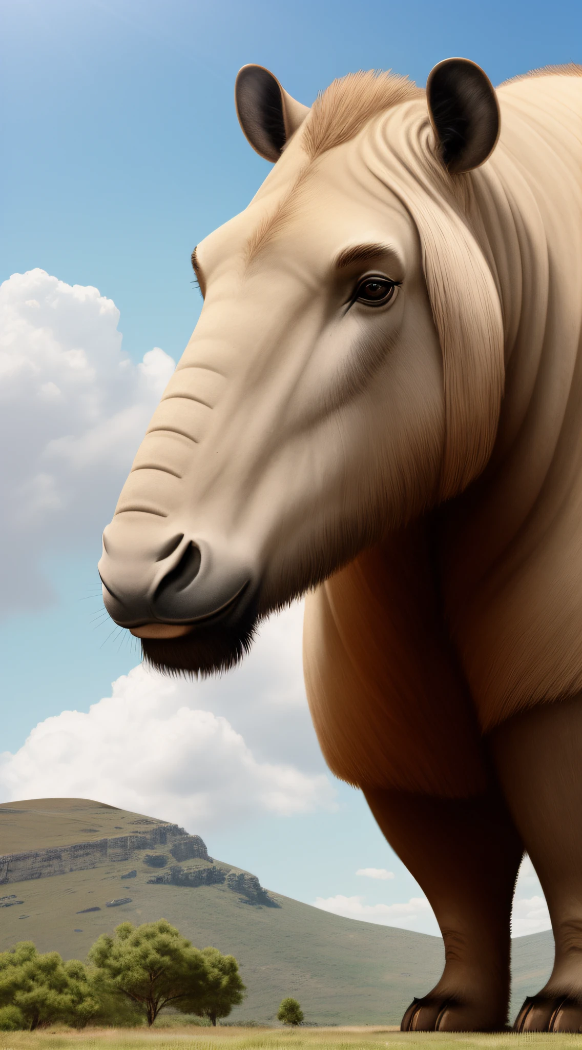 Generate an image of a contemporary artist's interpretation of a Deinotherium giganteum as it may have appeared to ancient Greeks, emphasizing its single prominent feature.