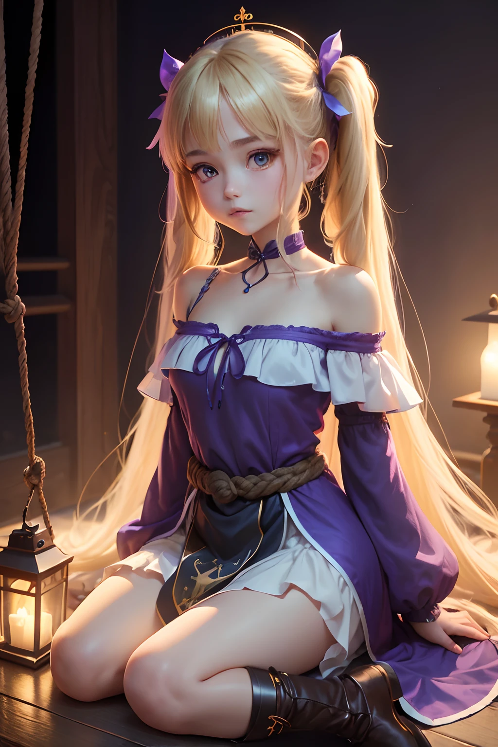 (1girl in),,( absurdly , High quality , ultra-detailliert ),,(masutepiece),(sleeps in a bed),(Twilight、Lit up),(Long-haired blonde twintails),((priest dress)),(Cute 3D anime petite girl rendering),hyperdetailed face,(I am overjoyed),Wearing long boots,Halo, Perfect face and nice perfect face,,Blue long skirt,(Fantasy Adventurer Style),(A rope is wrapped around the waist),Delicate and sexy collarbone,Bare shoulders,Purple Off Shoulder Shirt,Lantern light