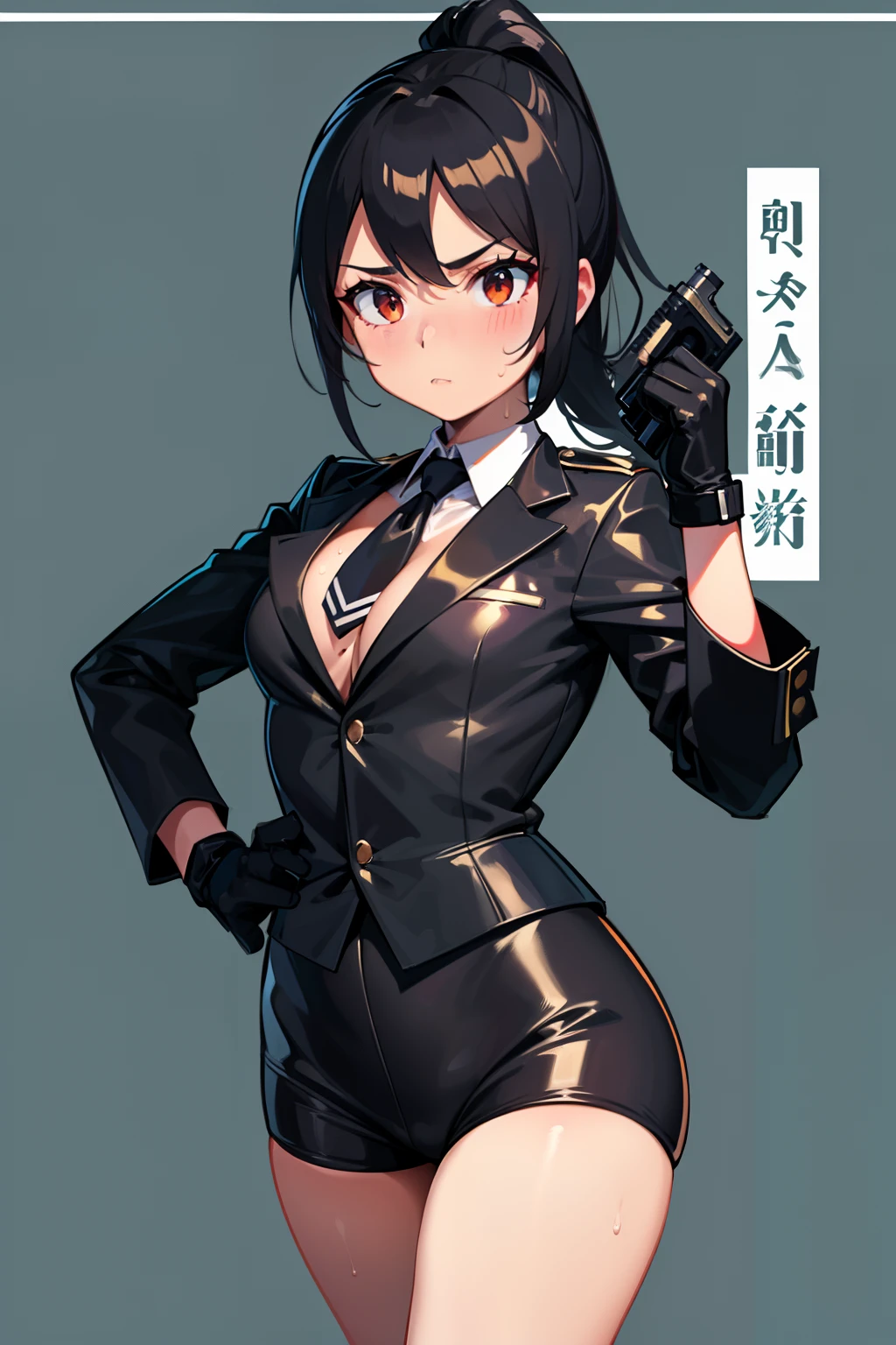 sweating, sweaty, slight tan, big boobs, tan skin, blush, black hair, ponytail, girl in a black suit holding a gun with both hands in black leather gloves, gun, black suit, man suit, tomboy, wearing tie, sfw, on train, bodyguard, movie star, gun, spy , cool spy, holding gun, action movie poster, poster cover, magazine cover, cute, man suit, black uniform, complete body covered, gun,