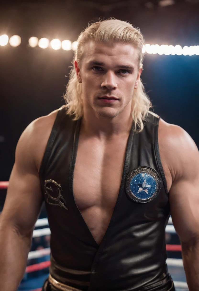 create a professional wrestler called Dax Astor, inspired by space, stars, and the cosmos. Cinematic, hyper realistic, 8k resolution, high definition, blonde, blue eyes, inspired by wrestlers like Edge and Jack Spade from Heels, not sexy, but tough and gritty, neo noir style, full body shot, with a wwe ring behind him
