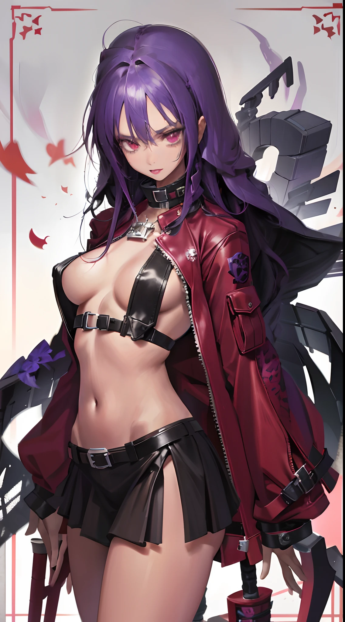 Adult woman, black skin, long purple hair, red eyes, purple top, leather jacket, leather skirt, wide hips, small waist, open belly, open breasts, black lipstick, Masterpiece, hiquality