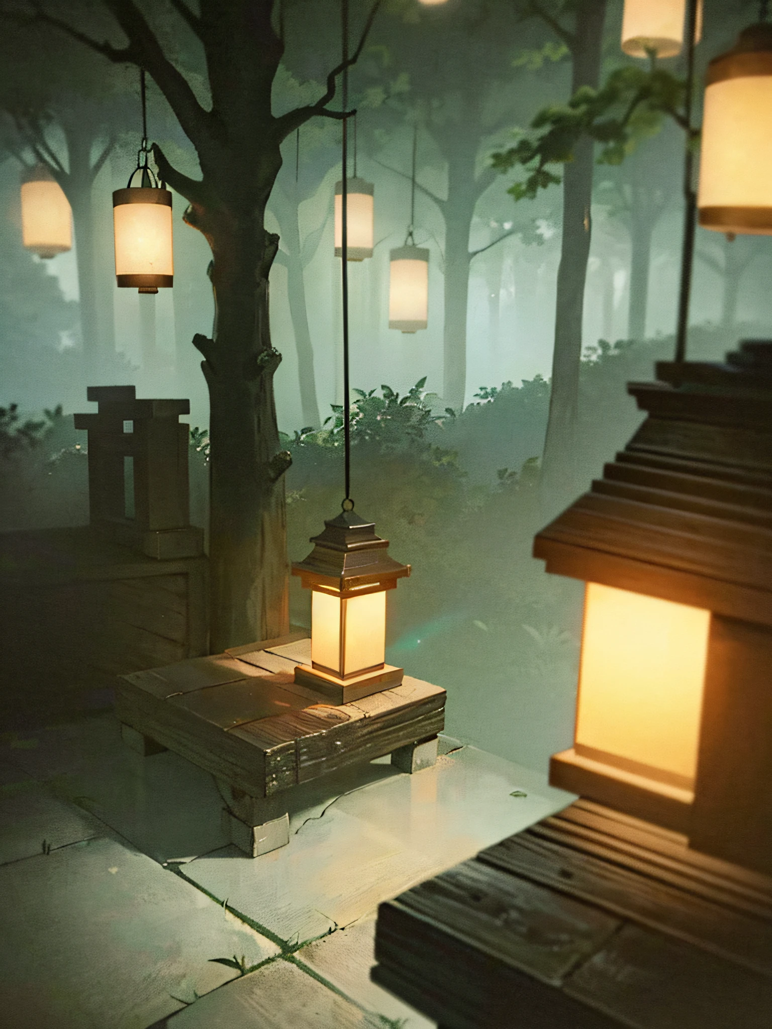 Hidden deep within the dense, misty forest, a Halloween-style haunted Japanese house emerges from the shadows. The eerie, moonlit night shrouds it in an otherworldly aura, casting long, ominous shadows across the ancient, moss-covered wooden structure. The ethereal glow of lanterns in cracked paper windows hints at the lingering spirits within. Capture this haunting scene with a vintage 35mm film camera and a wide-angle lens, preserving its ghostly charm. To enhance the ambiance, use soft, diffused lighting. --ar 16:9 --v 5 --seed 7891234