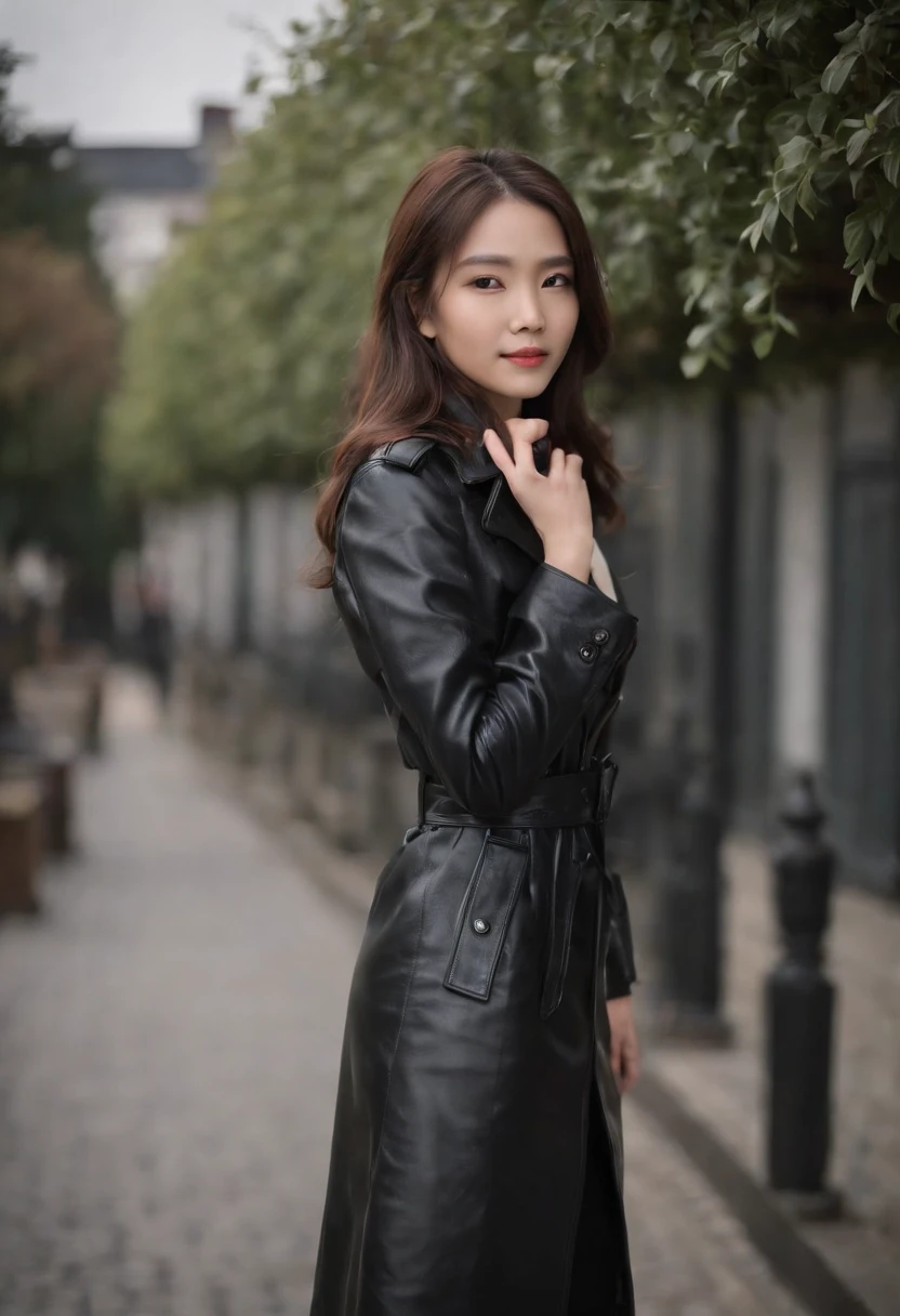 Black Leather Trench Coat　Underneath is a blazer　Black leather gloves　The upper part of the body　Japan smiling girl black leather