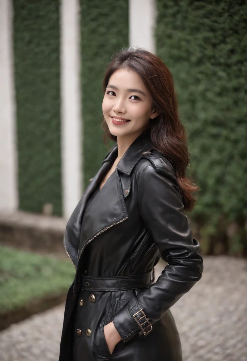 Black Leather Trench Coat Underneath is a blazer Black leather gloves The upper part of the body Japan smiling girl black leather