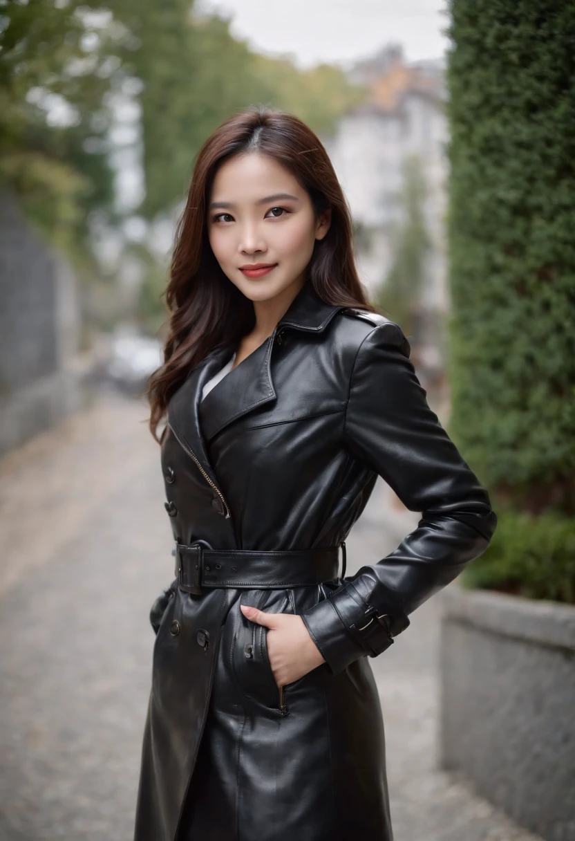 Black Leather Trench Coat Underneath is a blazer Black leather gloves The upper part of the body Japan smiling girl black leather