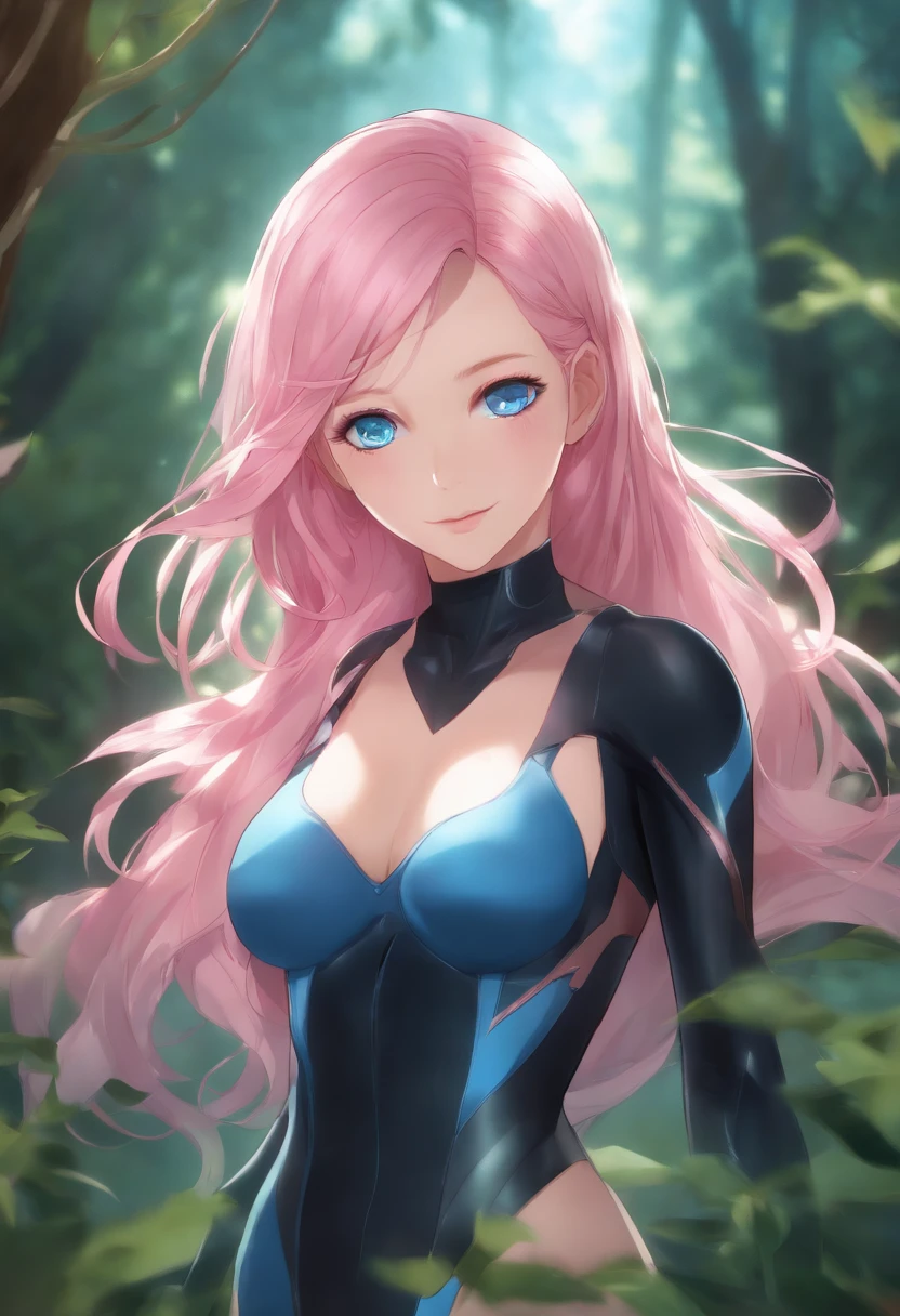 Translucent zero water, Velvet bra, zero suit, Contrast, god light, Blue eyes, Pink hair, Woods background, Absolute strength,