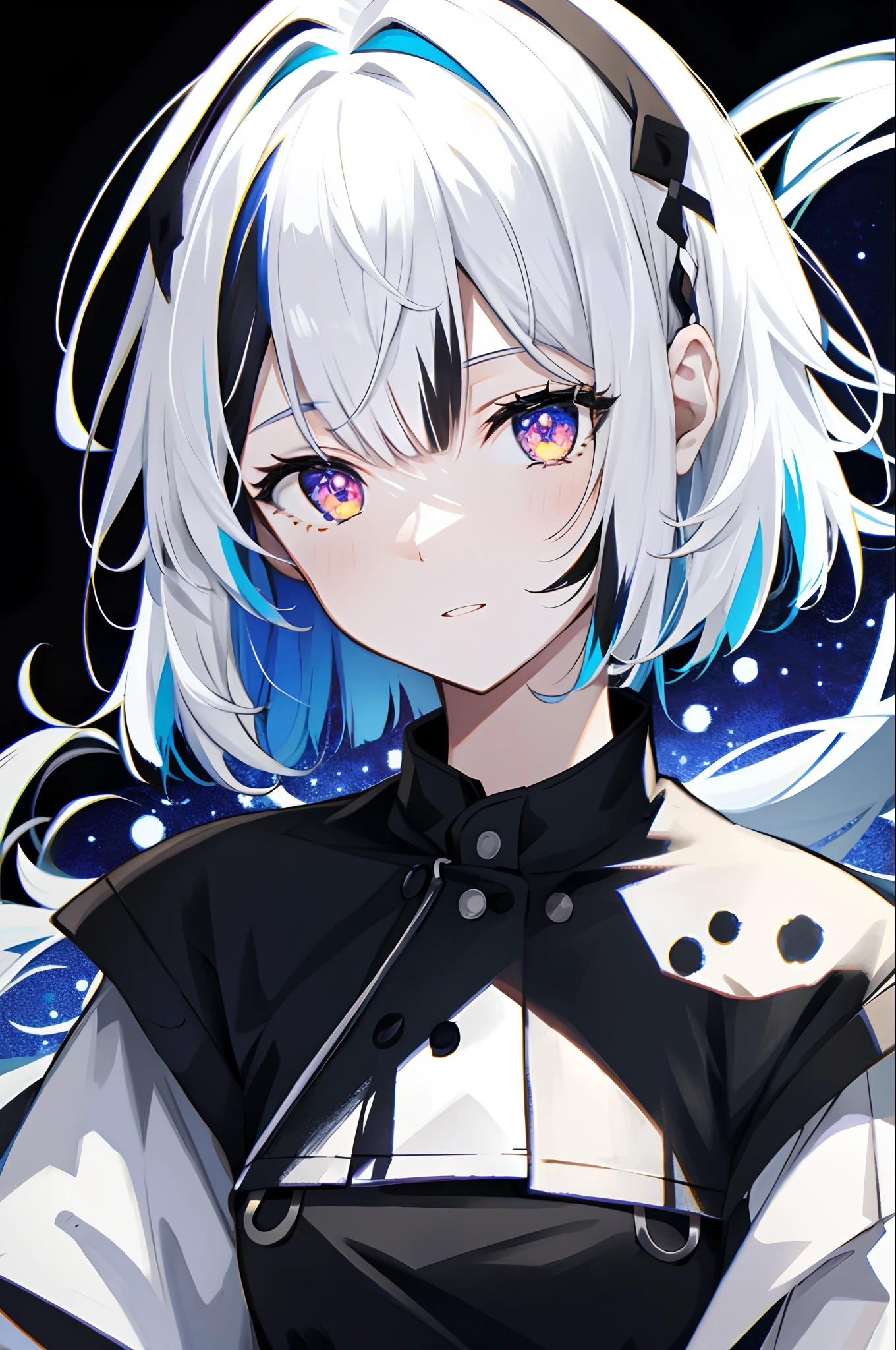 close up shot, eye close up, ((masterpiece)), ((ultra-detailed)), pixiv, best shadows, best lighting, best quality, cinematic shot, 1girl, solo, bangs, black background, paint, portrait, short hair, blunt bangs, parted lips, paint splatter, ((two-tone hair)), looking at viewer, white hair, ((colorful eyes)), paint splatter on face, chromatic aberration, simple background