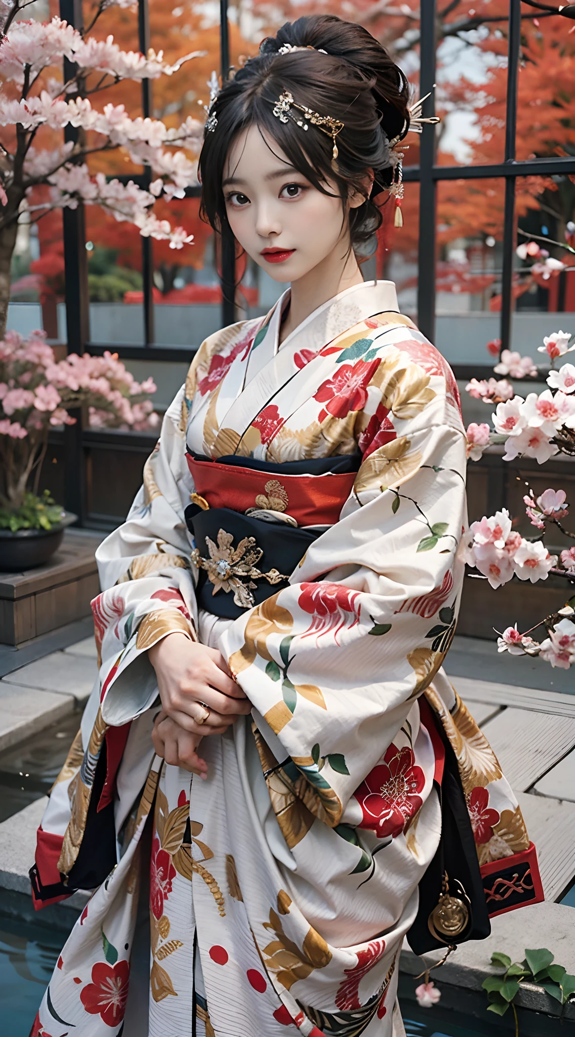In a futuristic scene, Geisha in Japan with mechanical reinforcement、Elegant in elaborate gardens. She has beautifully detailed eyes and lips that complement her face. Geishas wear traditional kimonos with intricate patterns and designs. Around her are bright cherry trees and a quiet carp pond. The scene is painted with a blend of illustration and photorealism, Ultra-detailed brush strokes and clarity, Vivid colors. Lighting emphasizes the elegant features of the geisha, Gives her porcelain skin a soft glow. Artwork is of the highest quality, 4K or 8K resolution, Showcase the intricate details of geisha attire, cherry trees, And the shimmering scales of carp. The overall color scheme is、It is a combination of traditional shades of Japan, Crimson, etc., blacks, and subtle gold accents, With a futuristic twist. The fusion of ancient traditions and modern technology is、Create captivating and visually striking masterpieces.