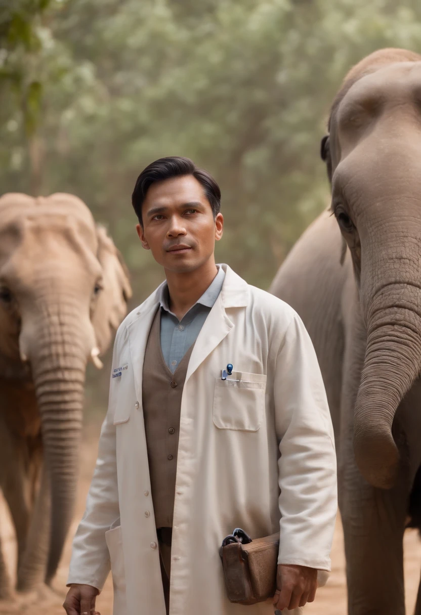 movie poster, cinematic film still, ultra realistic, 8K, 1 man, solo, a male Indonesian doctor wearing a worn out doctor coat, hold a shotgun, surrounded by one elephant, one giraffe, one deer, one crocodile, five birds, two monkeys, looking at camera, shallow depth of field, background: tropical jungle, at dusk, atmospheric,