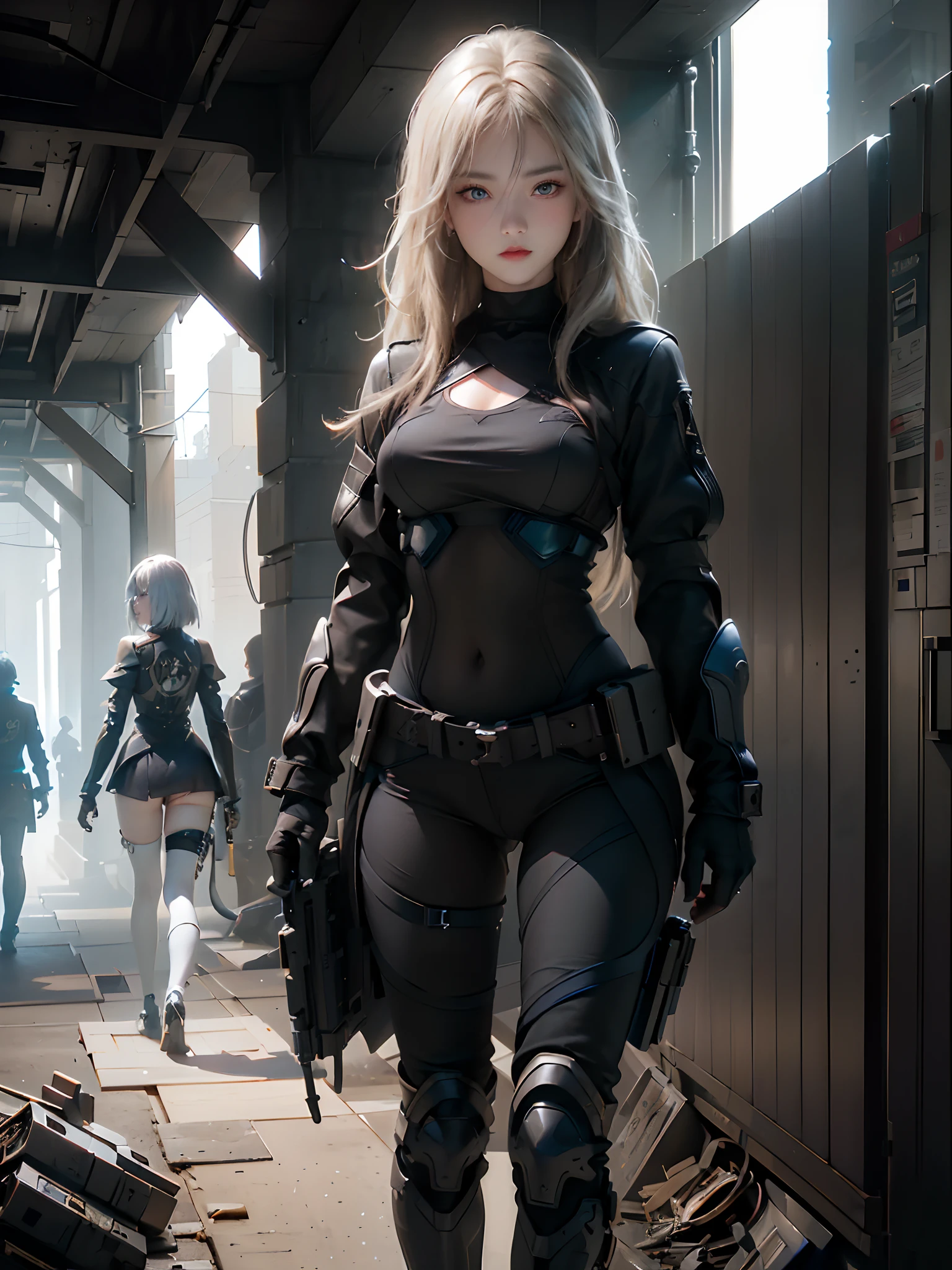 ((top-quality)), (((​masterpiece)), (detaileds: 1.4), 3D, Beautiful Cyberpunk Woman Image, bob cuts, Broken black tights, leather clothes, Electromechanical, nffsw(HighDynamicRange), Ray traching, NVIDIA RTX, Hyper-Resolution, Unreal 5, Sub-surface scattering, PBR Texture, Postprocess, Anisotropy Filtering, depth of fields, Maximum sharpness and acutance, Multilayer Texture, Albedo and Highlight Maps, Surface Coloring, Accurate simulation of light-material interactions, perfectly proportions、octane renderings、two tone lighting、Large aperture、Low ISO、White Balance、thirds rule、8K Raw、​masterpiece、top-quality、(8k extremely detailed CG unit wallpaper)(top-quality)、(The best illustrations)、(Best Shadows), blue eyes, long hair, big titt