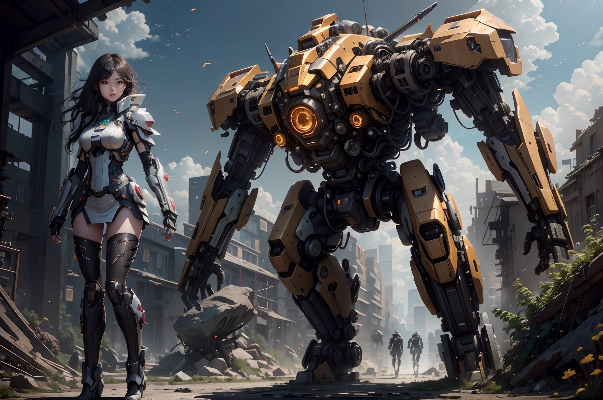 ((Best quality)), ((masterpiece)), (highly detailed:1.3), 3D,Shitu-mecha, beautiful cyberpunk women with her mecha in the ruins of city from a forgoten war, ancient technology,HDR (High Dynamic Range),Ray Tracing,NVIDIA RTX,Super-Resolution,Unreal 5,Subsurface scattering,PBR Texturing,Post-processing,Anisotropic Filtering,Depth-of-field,Maximum clarity and sharpness,Multi-layered textures,Albedo and Specular maps,Surface shading,Accurate simulation of light-material interaction,Perfect proportions,Octane Render,Two-tone lighting,Low ISO,White balance,Rule of thirds,Wide aperature,8K RAW,Efficient Sub-Pixel,sub-pixel convolution,luminescent particles,light scattering,Tyndall effect