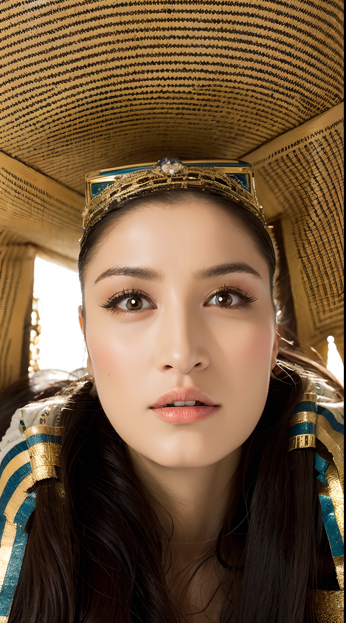 Il y a une femme avec des vetements de reine d'eqypte, Femme de 30 ans, 3 0 ans femme, photo de visage, Egyptian Background, Pyramide, Eqyptian Queen, Crown