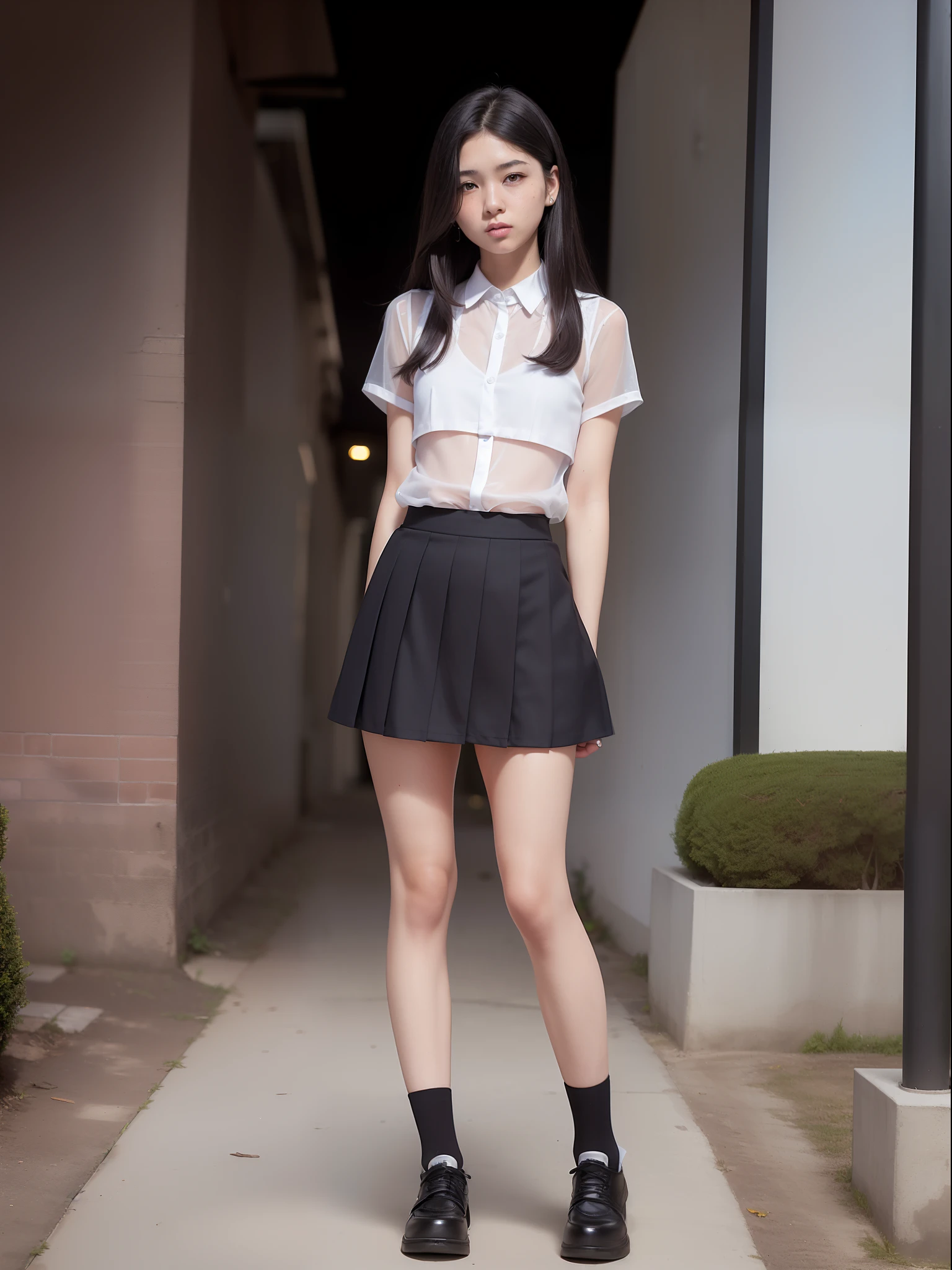 18 Year Old Woman, Long hair, Raw photo, Bokeh (Realism: 1.4, Realistic), high-definition CG unified 8K wallpapers, 1girl in, ((Slim body: 1)), (Small breasts: 1), Back to viewers, ((Direct view from the front)), (HQ Skin: 1.4), 8K UHD, Digital SLR, Soft light, High quality, Film grain, FujifilmXT3, ((School uniform, Short skirt,See-through open skirt:1.5)), ((plein air, on the park))) jangjoo, Portrait,((Layered short haircuts, Black Hire,tiny chest:1.2)),(Looking at Viewer:1.4),(Full body:1.8),Detailed face,undergarment,Upper Body Up,