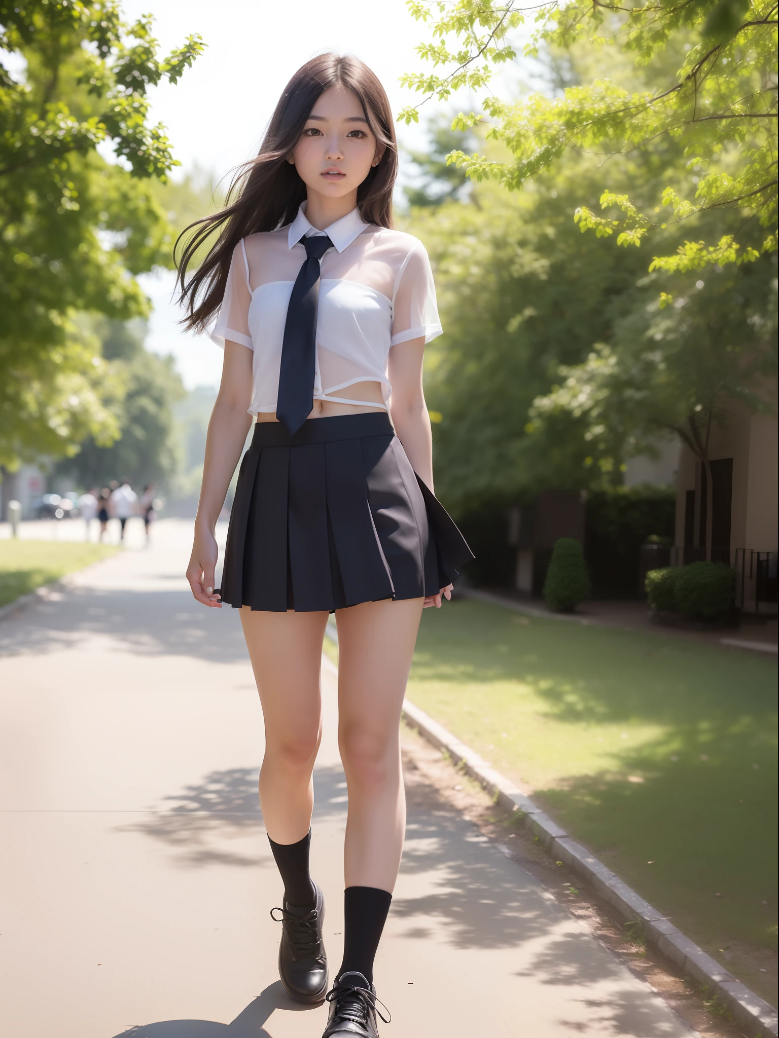 18 Year Old Woman, Long hair, Raw photo, Bokeh (Realism: 1.4, Realistic), high-definition CG unified 8K wallpapers, 1girl in, ((Slim body: 1)), (Small breasts: 1), Back to viewers, ((Direct view from the front)), (HQ Skin: 1.4), 8K UHD, Digital SLR, Soft light, High quality, Film grain, FujifilmXT3, ((School uniform, Short skirt,See-through open skirt:1.5)), ((plein air, on the park))) jangjoo, Portrait,((Layered short haircuts, Black Hire,tiny chest:1.2)),(Looking at Viewer:1.4),(Full body:1.8),Detailed face,undergarment,Upper Body Up,