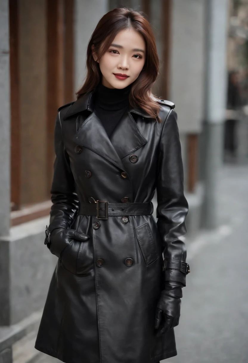 Black Leather Trench Coat Underneath is a blazer Black leather gloves The upper part of the body Japan smiling girl black leather