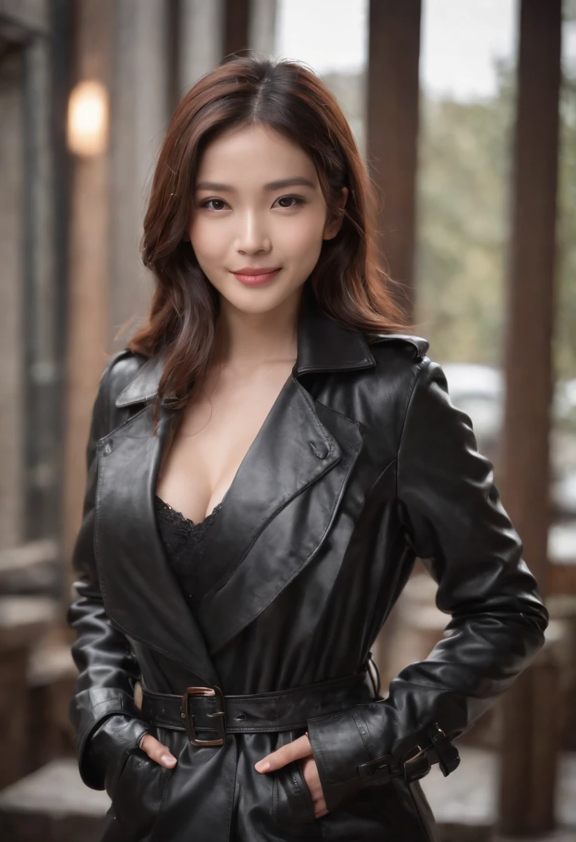 Black Leather Trench Coat　Underneath is a blazer　Black leather gloves　The upper part of the body　Japan smiling girl black leather