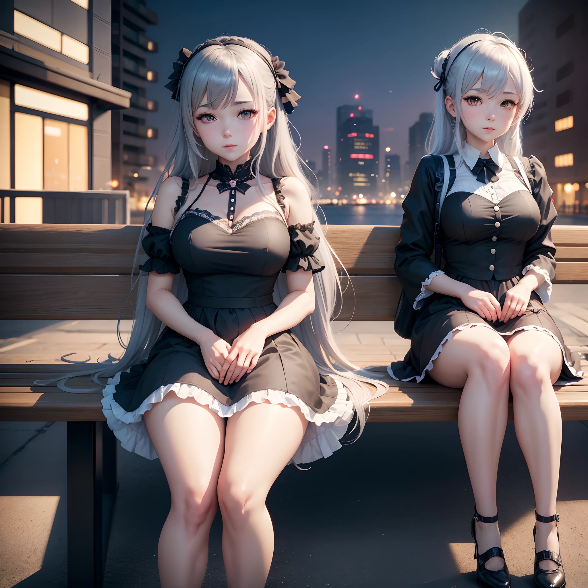 Anime girl in maid clothes sitting on bench with city background, best anime 4k konachan wallpaper, Fine details. girls' frontline, lolish, from girls frontline, from the azur lane videogame, nightcore, azur lane style, Cute anime waifu in a nice dress, perfect gray hair girl, Seductive Anime Girl, Smooth Anime CG Art