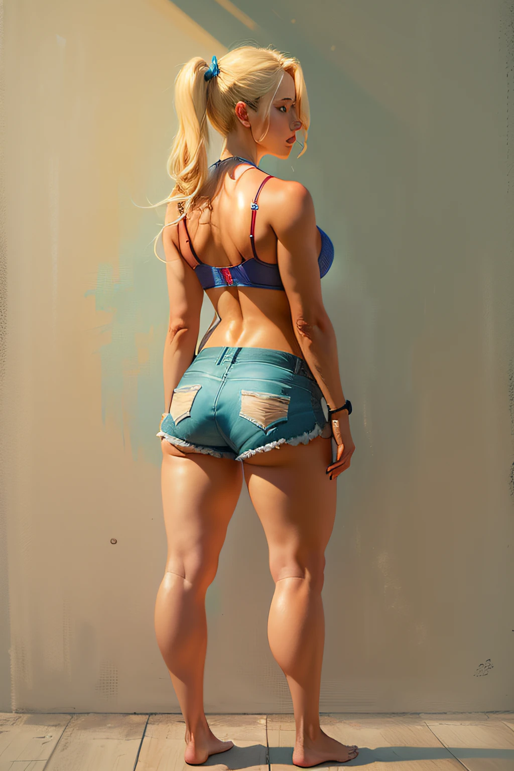 realistic woman with blonde hair pigtails blue eyes red bra and red shorts and big breast back turned to me