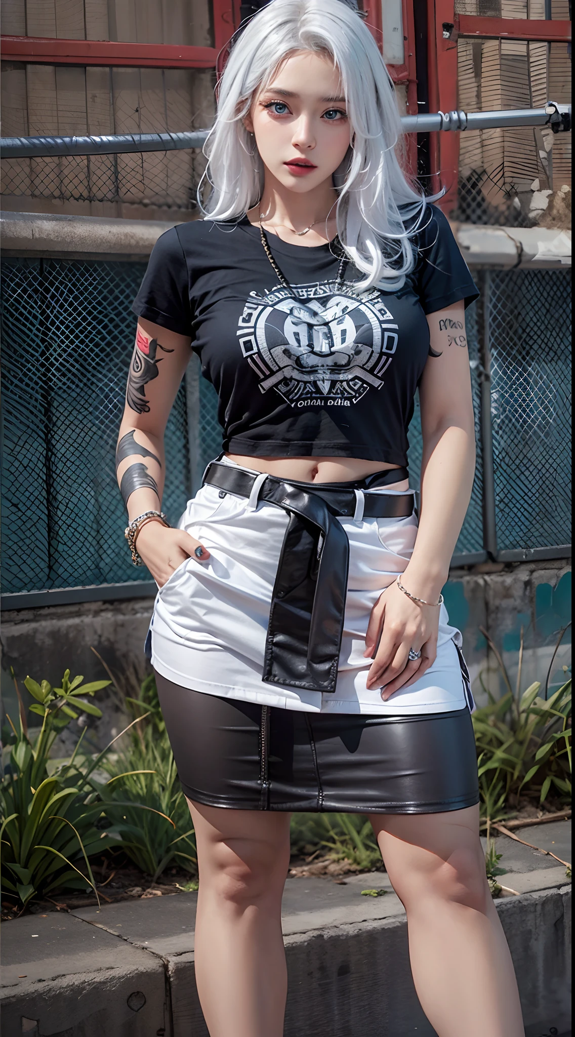 photorealistic, high resolution, soft lights, 1women, 25 years old, solo, hips up, blue eyes, white hair, long hair, jewelry, tattoo, street wear, t-shirt, skirt