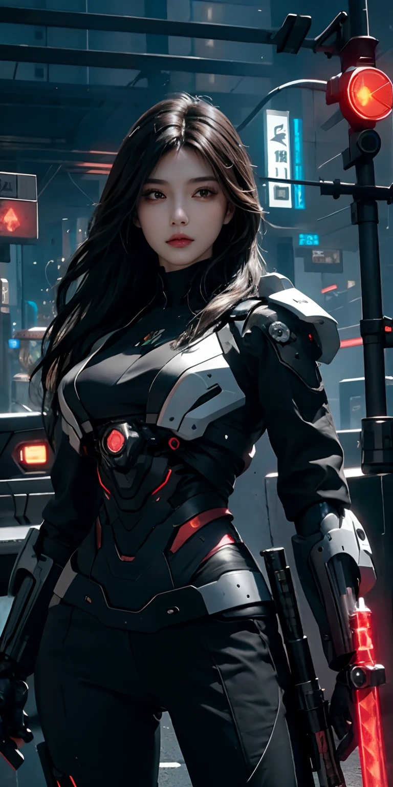 photorealistic, high resolution, soft light,1women, solo, hips up, (detailed face), dark long hair, cybersamurai, cyborg, cyberpunk, cyber armor, holding weapon,glowing,gun, sniper, on the street