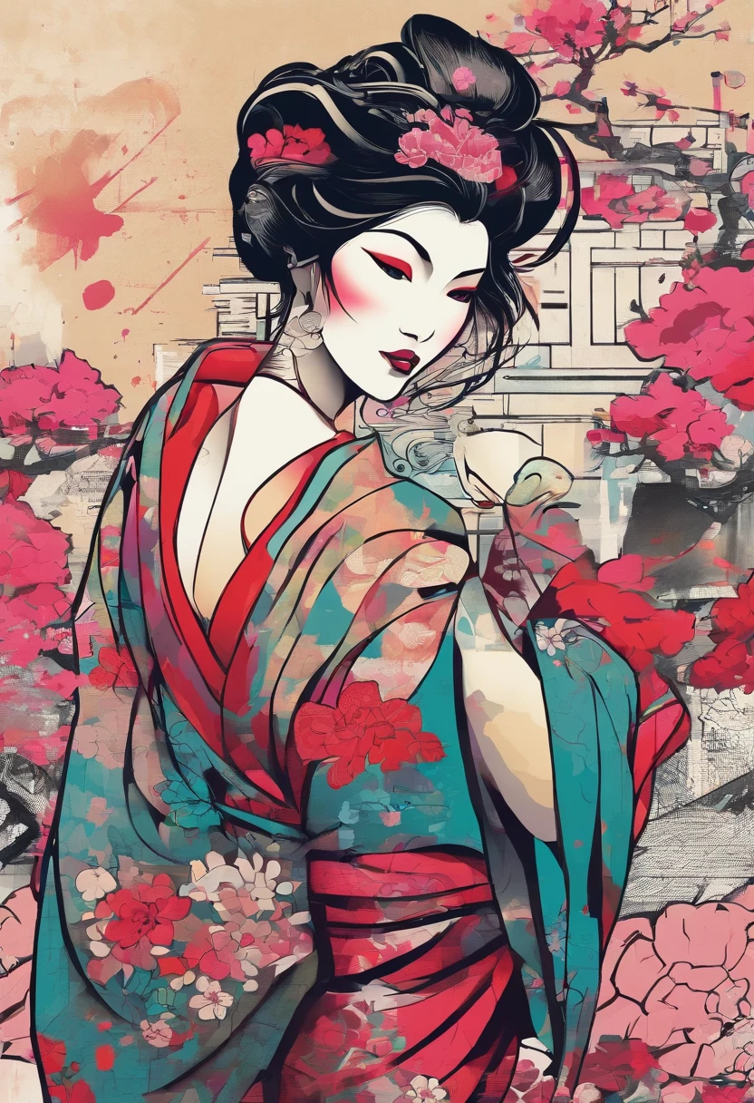 wet bold graffiti-style  very hip hop confidant badass arrogant cocky boss bitch attitude traditional japanese geisha japanese tattoos in hip hop baggy sagging kimono herry blossom cherry tree petles