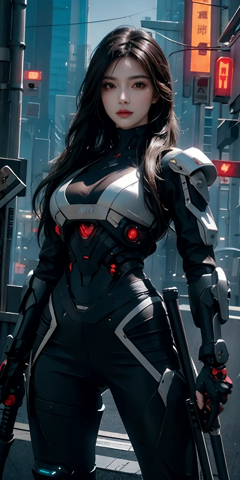 photorealistic, high resolution, soft light,1women, solo, hips up, (detailed face), dark long hair, cybersamurai, cyborg, cyberpunk, cyber armor, holding weapon,glowing,gun, sniper, on the street