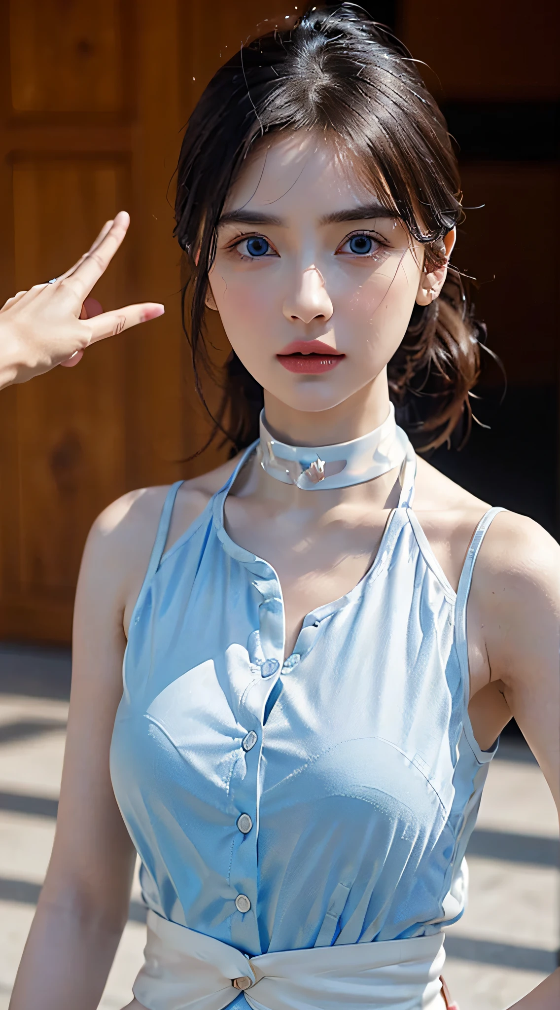 ((Lighting like fashion, Realistic lighting, Best Quality, 8K, masutepiece)), ((Clear focus:1.8)), BREAK (One kawaii girl, One Women, Duo, Very Beautiful Women in their late 10s, Change face type randomly & Women's hair:1.4), BREAK (Perfect beauty, ((Very Porcelain Skin, Very Fair Skin, Fine and Beautiful Skin:1.7)), Super Smart, Faces with random and very beautiful details, Fine face, Symmetrical beautiful face, symmetrical beautiful eyes, Fine Eyes Detail, Large eyes, Hyper Detail Eyes, Both eyes are synchronized, Focused Gaze, on focus, Look at us, Thin Lips, Crimson Red Color Lipstick:1.4), BREAK ((8 Head-toll, sloped shoulder, narrow shoulders, thin upper chest, Thin under the chest, thin waist:1.3), (Very large breasts, soft and well-shaped breasts:1.4)), (Random Length Straight Hair with Bangs), (Exquisite beautiful facial features) BREAK (Blue, Sleeveless, Collarless, Button-down Shirts that go all the way up to the Neck:1.5), BREAK (Black Choker), slim figure, BREAK (Random emotions, Random poses conscious of body lines synchronized with emotions, randam angle, Random Location, Random position:1.5), (Summit of Mt. Fuji in Japan), Double eyelids,