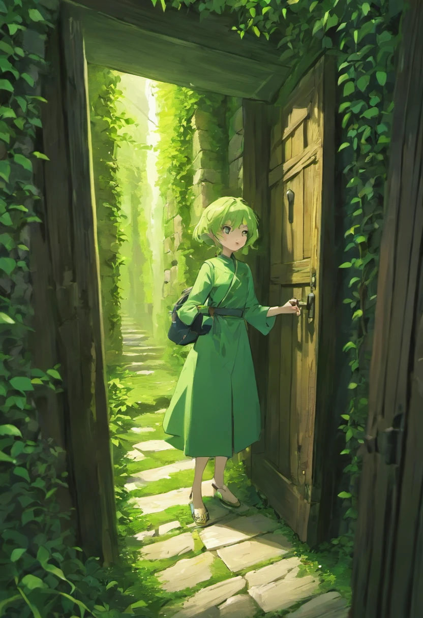 A human stands in front of a wooden door in a maze of stone walls with moss vines. That person's hand holds the key, preparing to unlock the wooden door, surrounded by light from the torch on the wall in the maze. Cartoon style.
