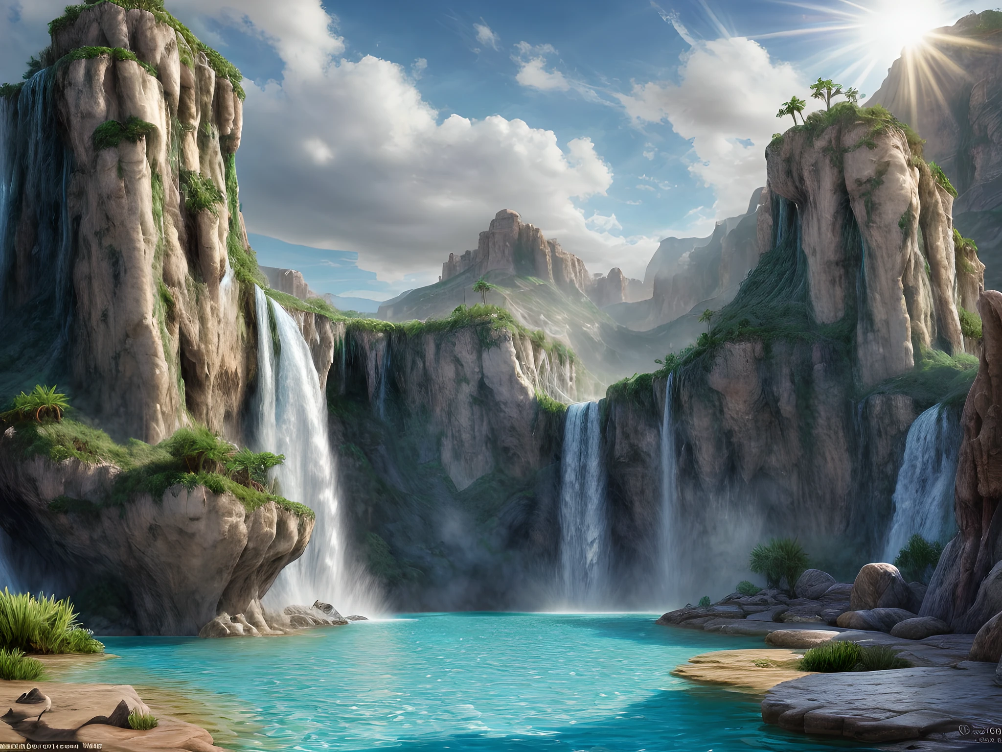 fantasy art, RPG art, an picture of an epic sized waterfall in the desert at midday , an (epic sized waterfall: 1.3), water coming down from a desert cliff, multi level water falls, several pools created in different levels, forming new waterfalls, water cascading into a large pool that reflects the sun an the skies, clear water in many hues of blue and azure, clear water, (a rainbow being formed in the water from the breaking of the sunlight in the water: 1.3), you can see the water hitting the pool, drops of water splashing around, photorealistic, 16k, RAW, award winning, (best detailed: 1.5), masterpiece, best quality, (best detailed: 1.3), full body, ultra wide shot,