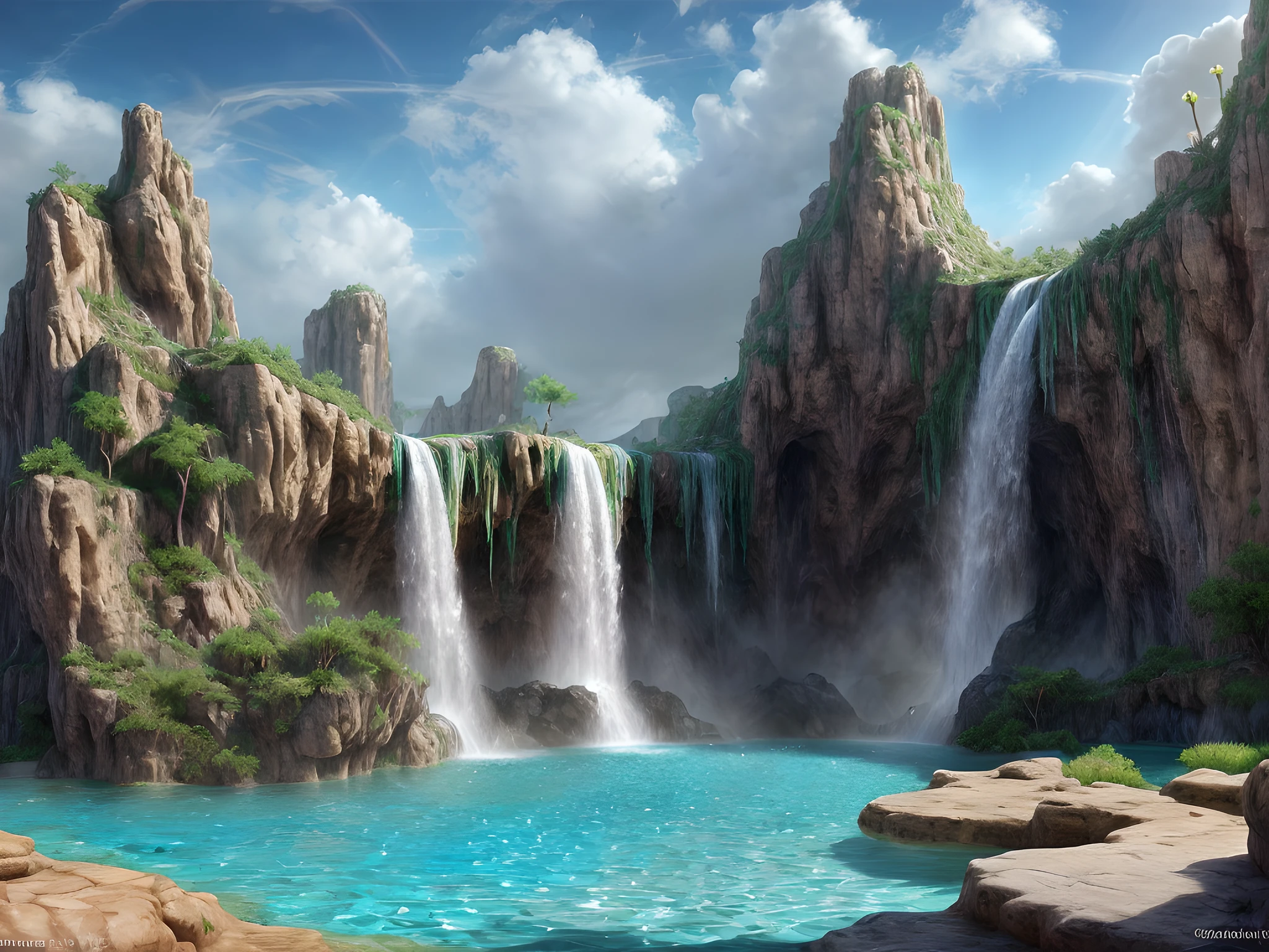 fantasy art, RPG art, an picture of an epic sized waterfall in the desert at midday , an (epic sized waterfall: 1.3), water coming down from a desert cliff, multi level water falls, several pools created in different levels, forming new waterfalls, water cascading into a large pool that reflects the sun an the skies, clear water in many hues of blue and azure, clear water, (a rainbow being formed in the water from the breaking of the sunlight in the water: 1.3), you can see the water hitting the pool, drops of water splashing around, photorealistic, 16k, RAW, award winning, (best detailed: 1.5), masterpiece, best quality, (best detailed: 1.3), full body, ultra wide shot,