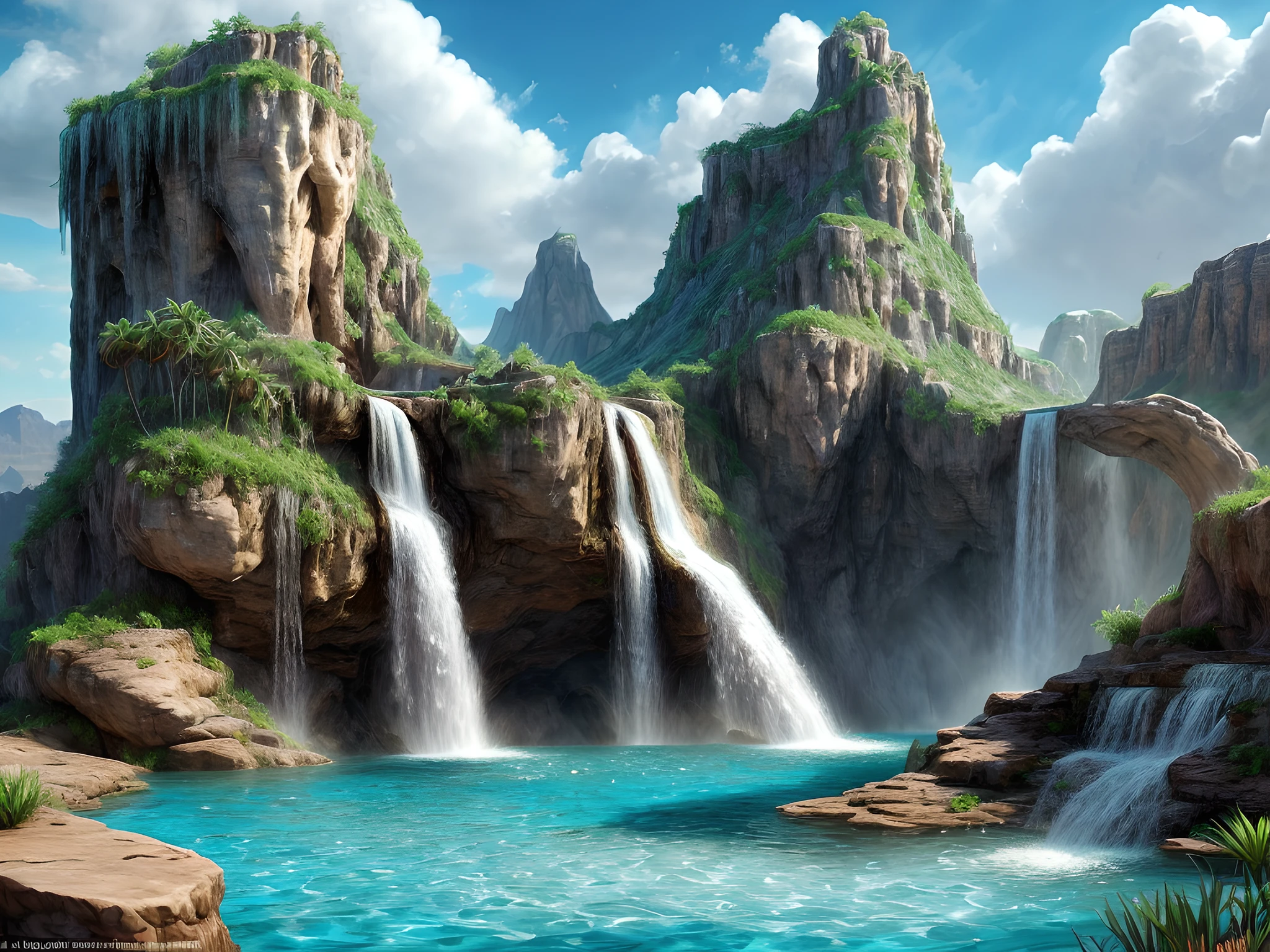 fantasy art, RPG art, an picture of an epic sized waterfall in the desert at midday , an (epic sized waterfall: 1.3), water coming down from a desert cliff, multi level water falls, several pools created in different levels, forming new waterfalls, water cascading into a large pool that reflects the sun an the skies, clear water in many hues of blue and azure, clear water, (a rainbow being formed in the water from the breaking of the sunlight in the water: 1.3), you can see the water hitting the pool, drops of water splashing around, photorealistic, 16k, RAW, award winning, (best detailed: 1.5), masterpiece, best quality, (best detailed: 1.3), full body, ultra wide shot,