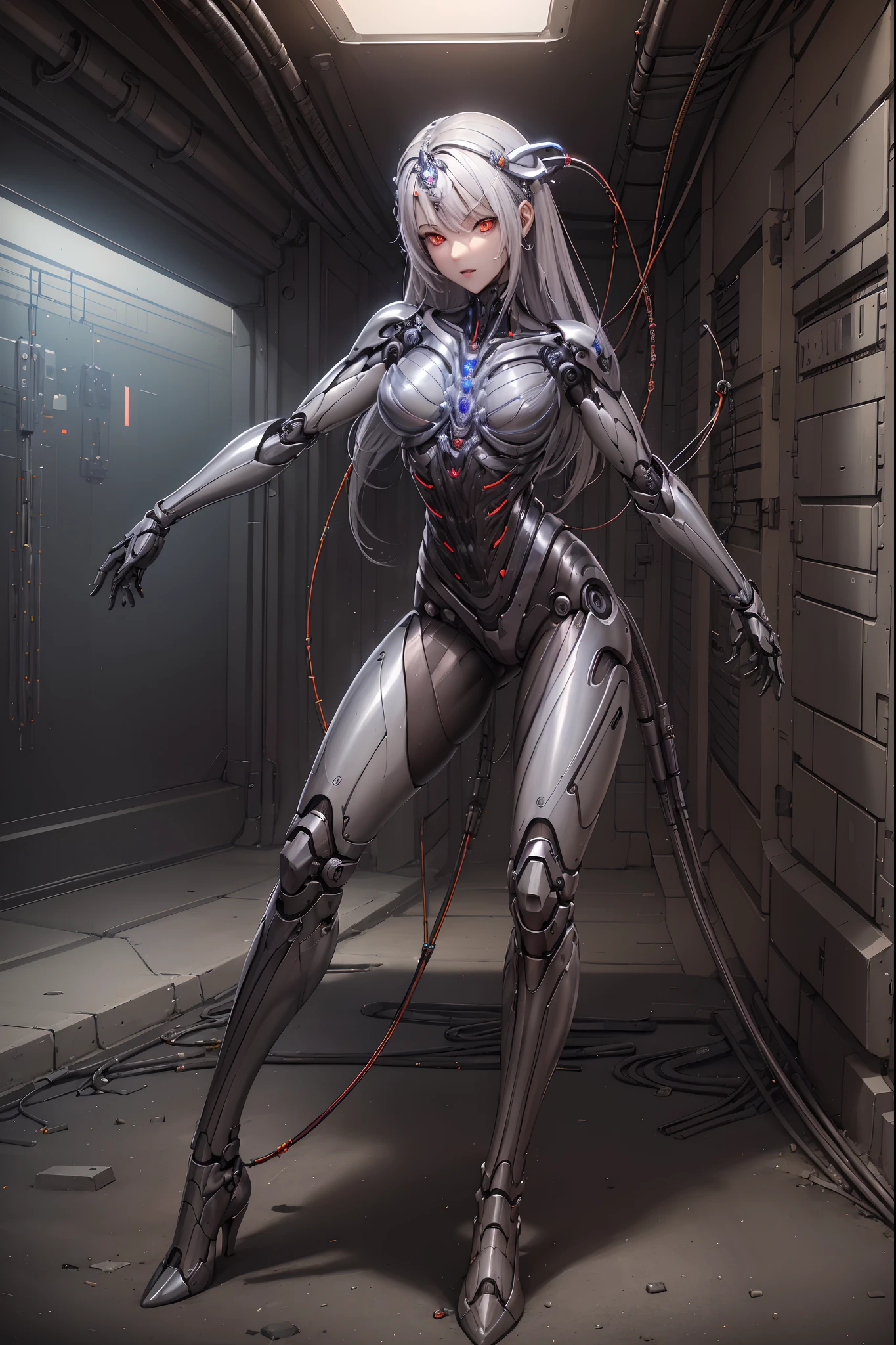 (((masterpiece))), ((best quality)), (ultra-detailed), (CG illustration), (an extremely devious and beautiful)), cinematic light, ((1 mechanical girl)), single, (machine-made joints: 1.4), ((mechanical limbs)), ( blood vessels attached to the tube), ((mechanical spine attached to the back, close-up)), ((mechanical cervical vertebrae attached to the neck), ((kneeling)), expressionless, (wires and cables attached to the head and body: 1.5), (character focus), science fiction, the end times,