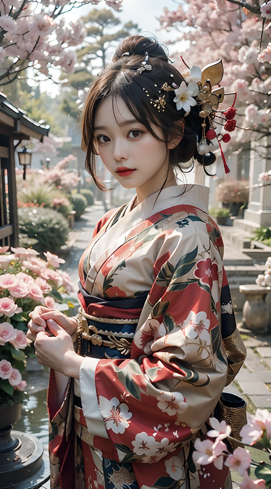 In a futuristic scene, Geisha in Japan with mechanical reinforcement、Elegant in elaborate gardens. She has beautifully detailed eyes and lips that complement her face. Geishas wear traditional kimonos with intricate patterns and designs. Around her are bright cherry trees and a quiet carp pond. The scene is painted with a blend of illustration and photorealism, Ultra-detailed brush strokes and clarity, Vivid colors. Lighting emphasizes the elegant features of the geisha, Gives her porcelain skin a soft glow. Artwork is of the highest quality, 4K or 8K resolution, Showcase the intricate details of geisha attire, cherry trees, And the shimmering scales of carp. The overall color scheme is、It is a combination of traditional shades of Japan, Crimson, etc., blacks, and subtle gold accents, With a futuristic twist. The fusion of ancient traditions and modern technology is、Create captivating and visually striking masterpieces.