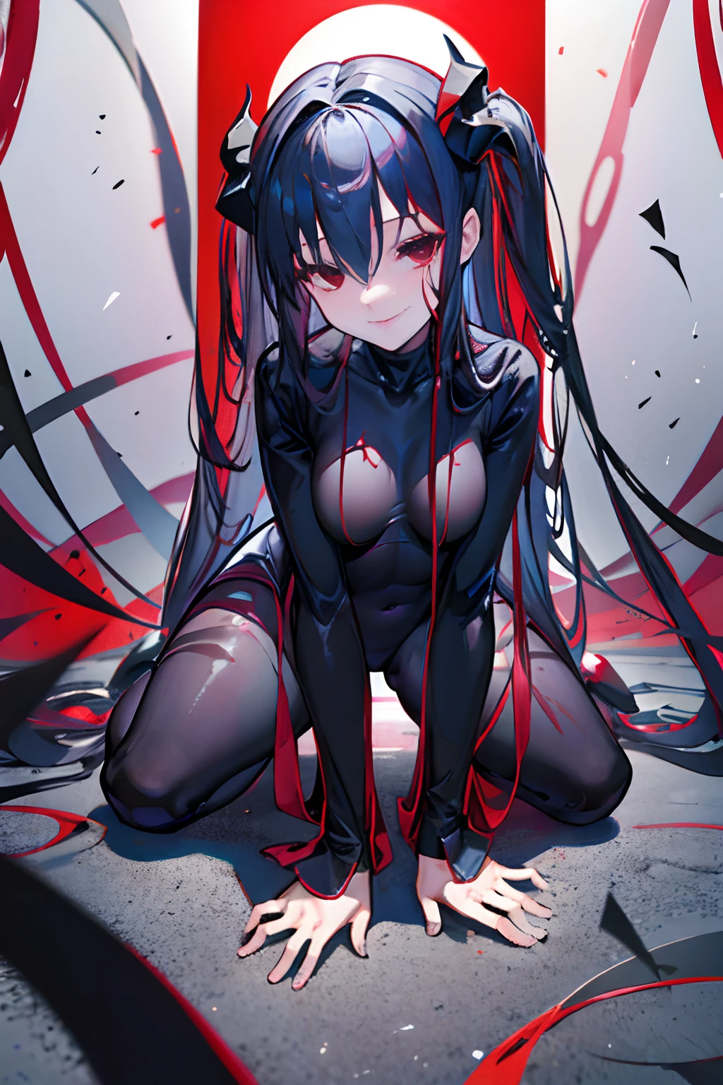 Black full body suit　Red lines all over the body　3 year old girl　seductiv　a smile　succubus　sprawl