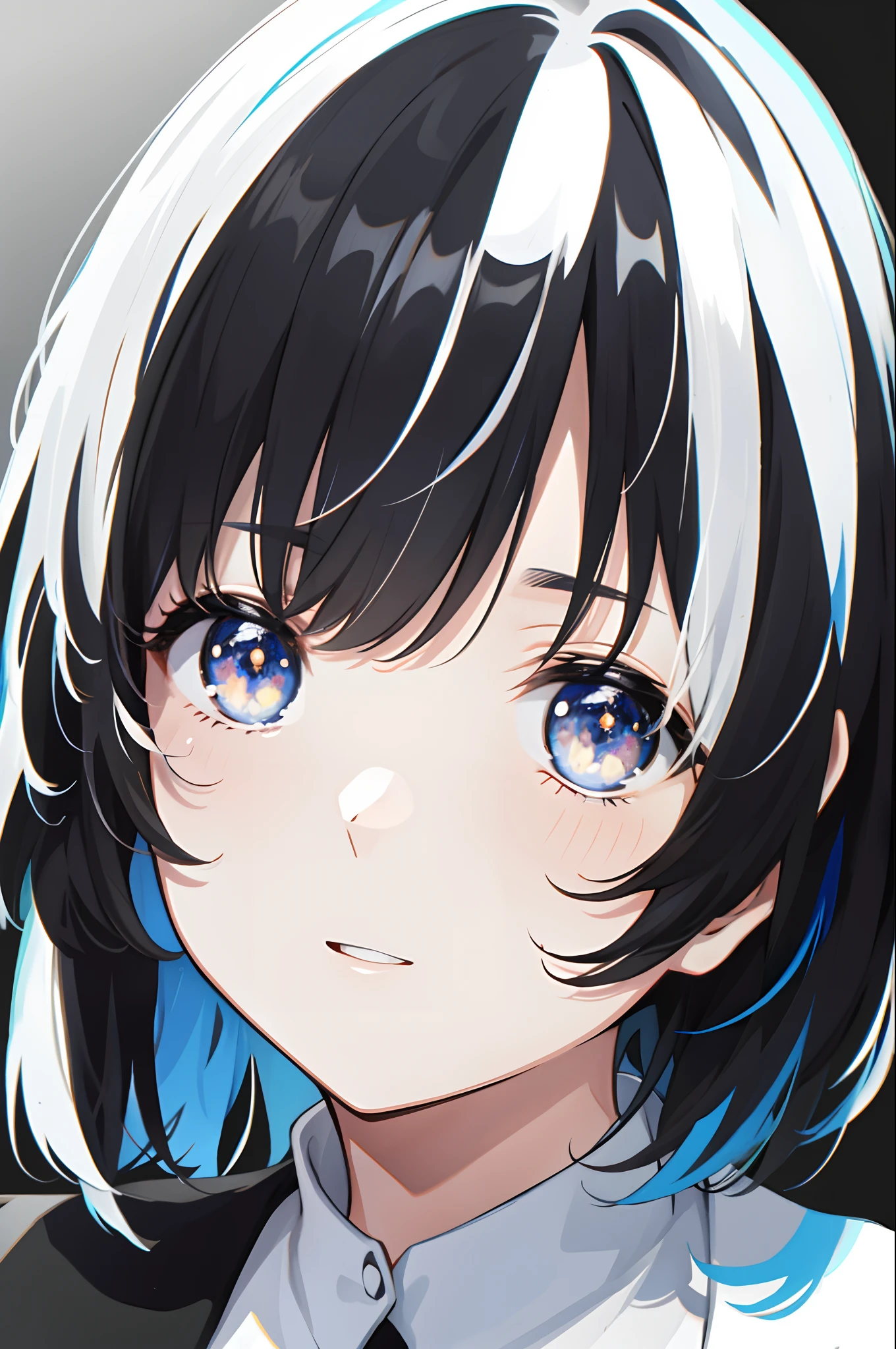close up shot, eye close up, ((masterpiece)), ((ultra-detailed)), pixiv, best shadows, best lighting, best quality, cinematic shot, 1girl, solo, bangs, black background, paint, portrait, short hair, blunt bangs, parted lips, paint splatter, ((two-tone hair)), looking at viewer, white hair, ((colorful eyes)), paint splatter on face, chromatic aberration, simple background