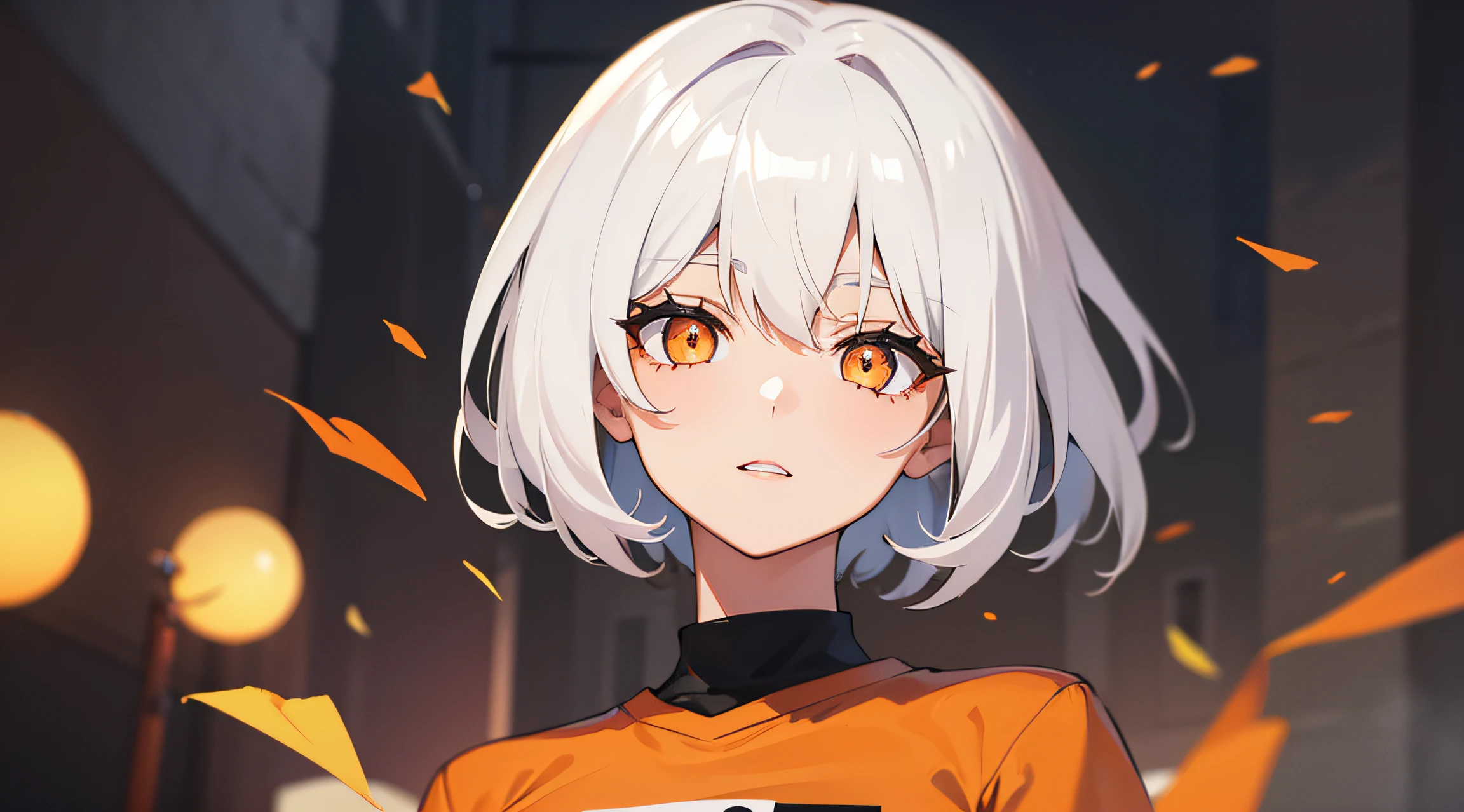 1 girl, white hair, orange eyes, looking at the viewer, black and orange t-shirt. Short hair.