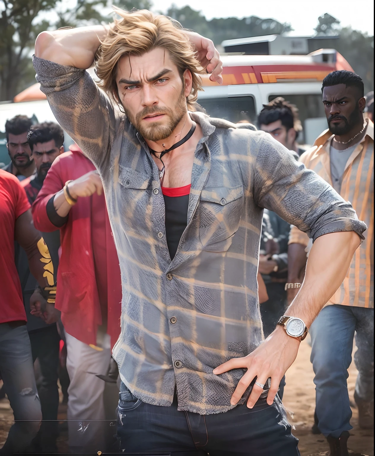 Realistic look, fighting, crazy people, action poster, 8k, top quality,handsome look, super look, top notch style,beard look, 26 age look,black eyes, dark light background,fire, text boss3,change background, action look, angry man,