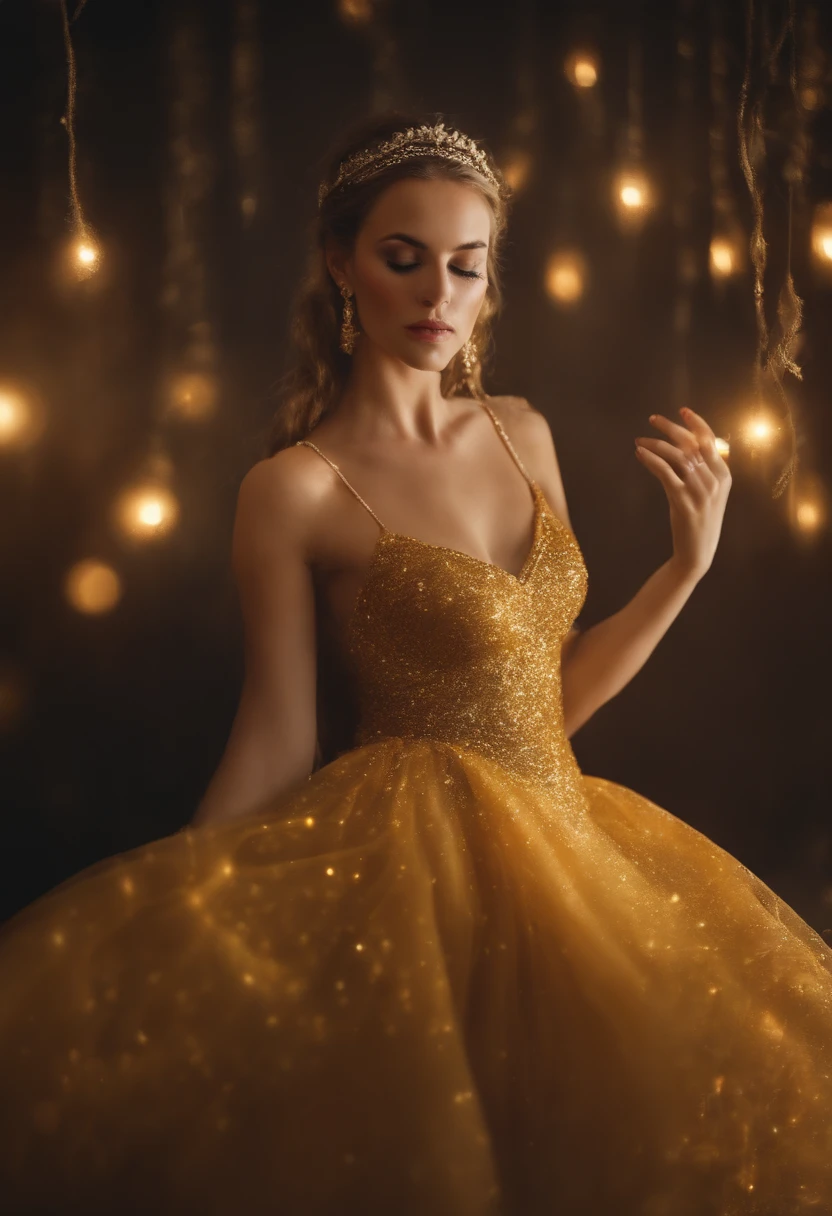 Excelente Obra-Prima, parte superior do corpo, (adulto: 1.6) Hungarian woman, (Risadinha: 0.4), arms behind her head, Golden braids, olhos brilhantes, Vestido de sol vitoriano, Floating particles of light, Centrado, Adicionado detalhe facial