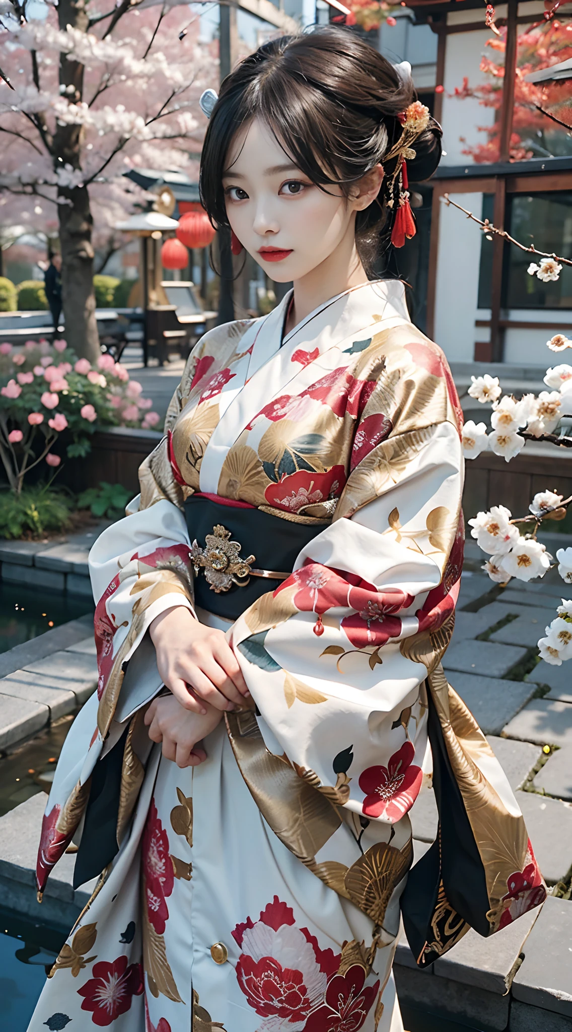 In a futuristic scene, Geisha in Japan with mechanical reinforcement、Elegant in elaborate gardens. She has beautifully detailed eyes and lips that complement her face. Geishas wear traditional kimonos with intricate patterns and designs. Around her are bright cherry trees and a quiet carp pond. The scene is painted with a blend of illustration and photorealism, Ultra-detailed brush strokes and clarity, Vivid colors. Lighting emphasizes the elegant features of the geisha, Gives her porcelain skin a soft glow. Artwork is of the highest quality, 4K or 8K resolution, Showcase the intricate details of geisha attire, cherry trees, And the shimmering scales of carp. The overall color scheme is、It is a combination of traditional shades of Japan, Crimson, etc., blacks, and subtle gold accents, With a futuristic twist. The fusion of ancient traditions and modern technology is、Create captivating and visually striking masterpieces.