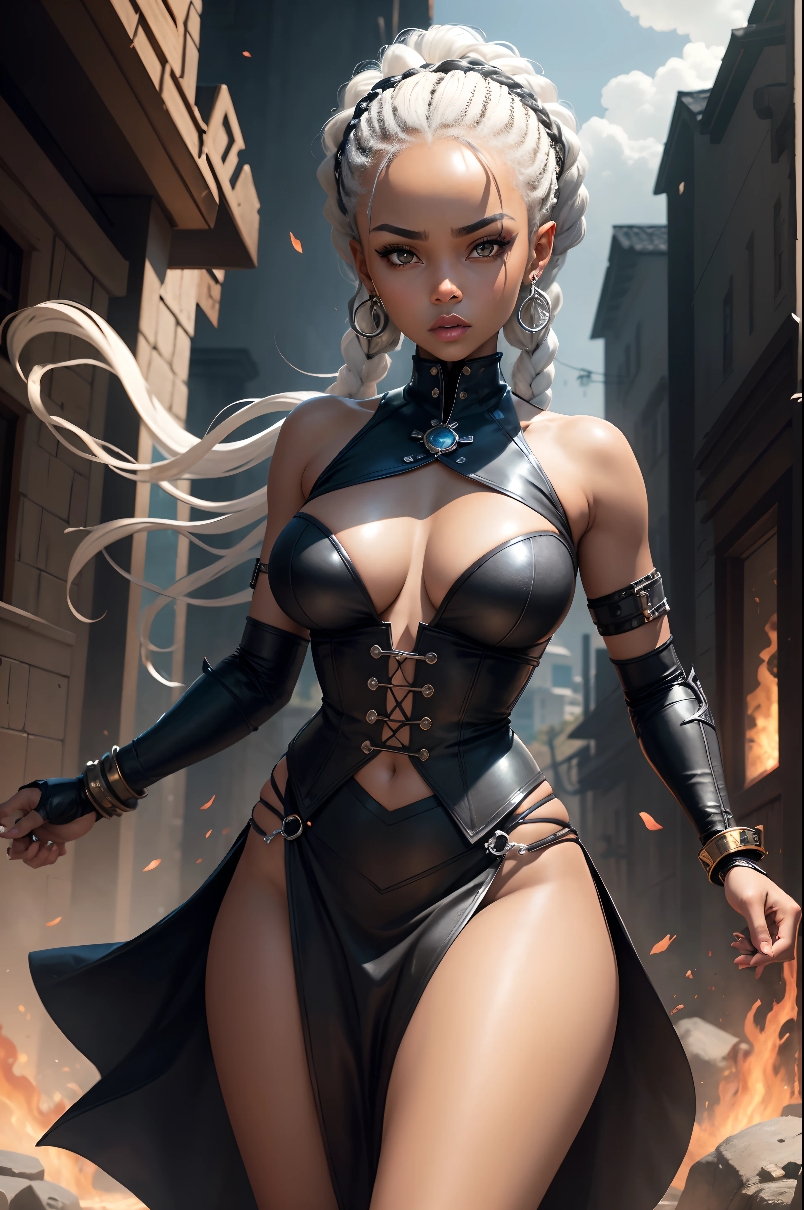 portrait, (masterpiece), best quality, high res, ultrasharp, 8K, expressive eyes, perfect face, 3 black girls, platinum hair, braids, cornrows, full lips, black skin, dark skin, brown skin, afro, ethnic, African, light grey-white eyes, fantasy urban attire, 3 piece outfit, wearing a plain white semi-transparent top, under-boob cut out top, black leather skirt, black leather corset, upper thigh tribal tattoo, looking at viewer, bright white eyes, fantasy village, embers, fantasy creatures in background, Highly detailed, perfect eyes, angry, spell casting, floating mountains, energetic, energy blast, conjuring, both hands above head, arms raised high, focusing power, building power, robot, rusty,