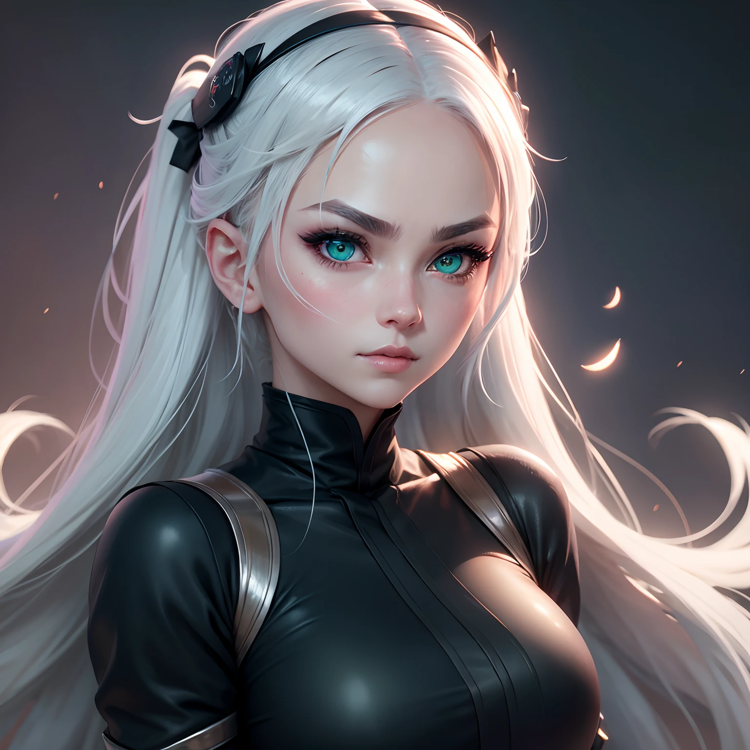 Ninja girl portrait, beatiful green eyes, ultra detailed eyes, blush, white hair, face covering white mask, 8k, masterpiece, dark background, cinematic lighting, moon, shinning moon on forehead like in sailor moon,