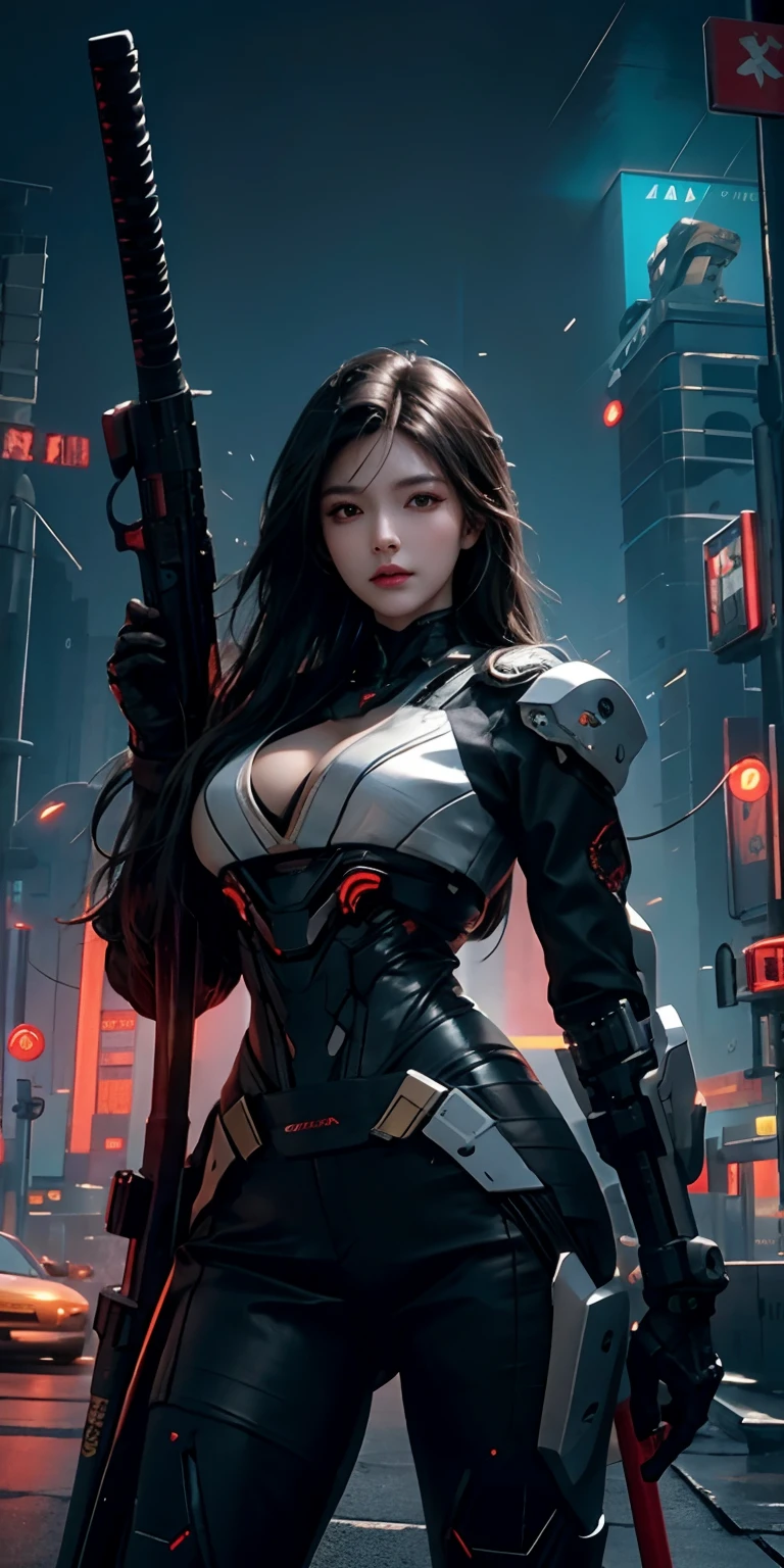 photorealistic, high resolution, soft light,1women, solo, hips up, (detailed face), dark long hair, cybersamurai, cyborg, cyberpunk, cyber armor, holding weapon,glowing,gun, sniper, on the street