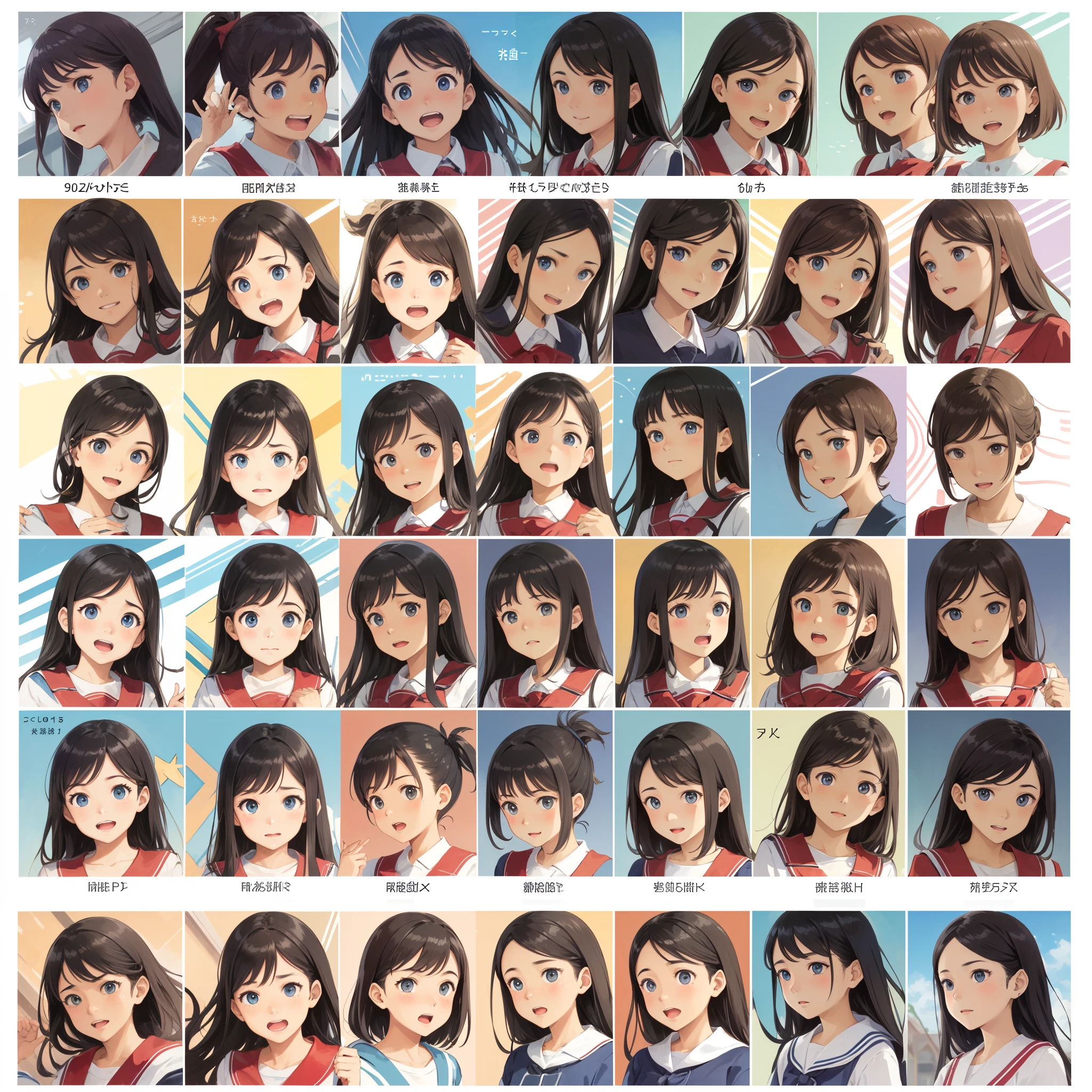 yearbook, different facial expressions, face variations, facial expression, detailed facial expressions, various emotions, neutral expressions, expressions, joy, anger, sadness, amusement, assorted expressions, grid, various emotions template, yearbook,